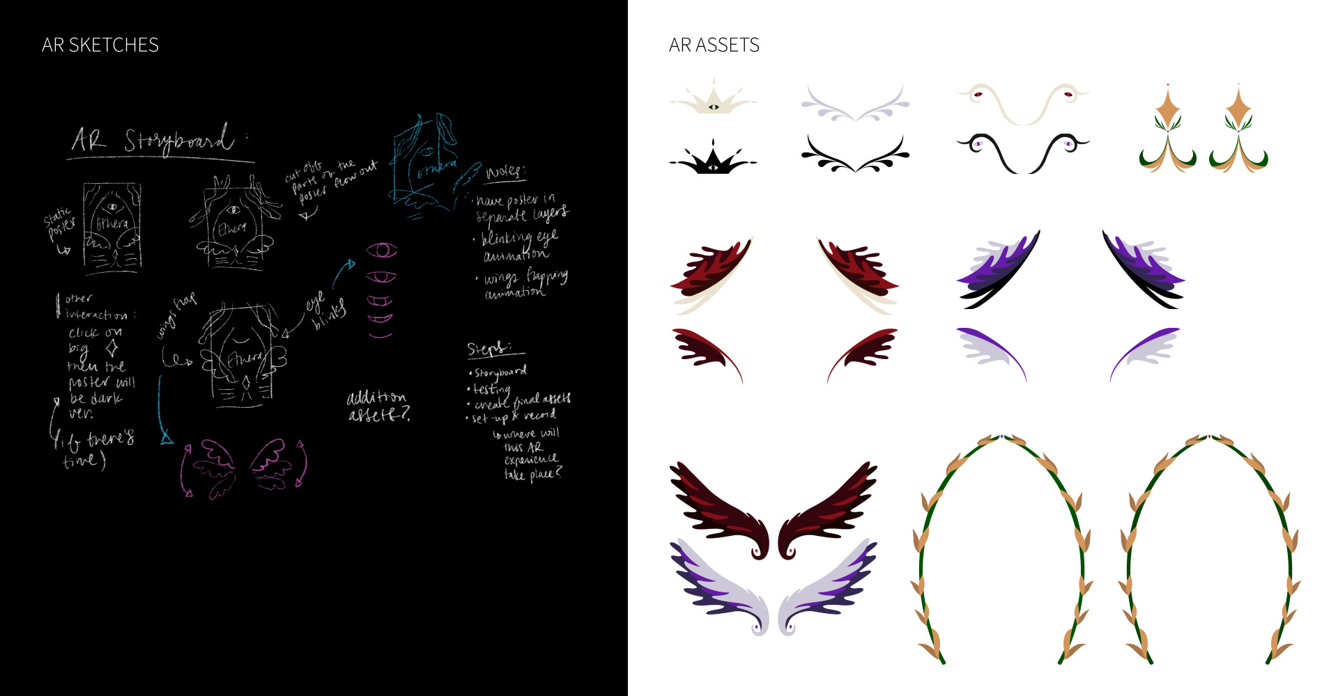 Sketches of the augmented reality concepts for Ethera and the final AR assets, all elements pulled from the poster design