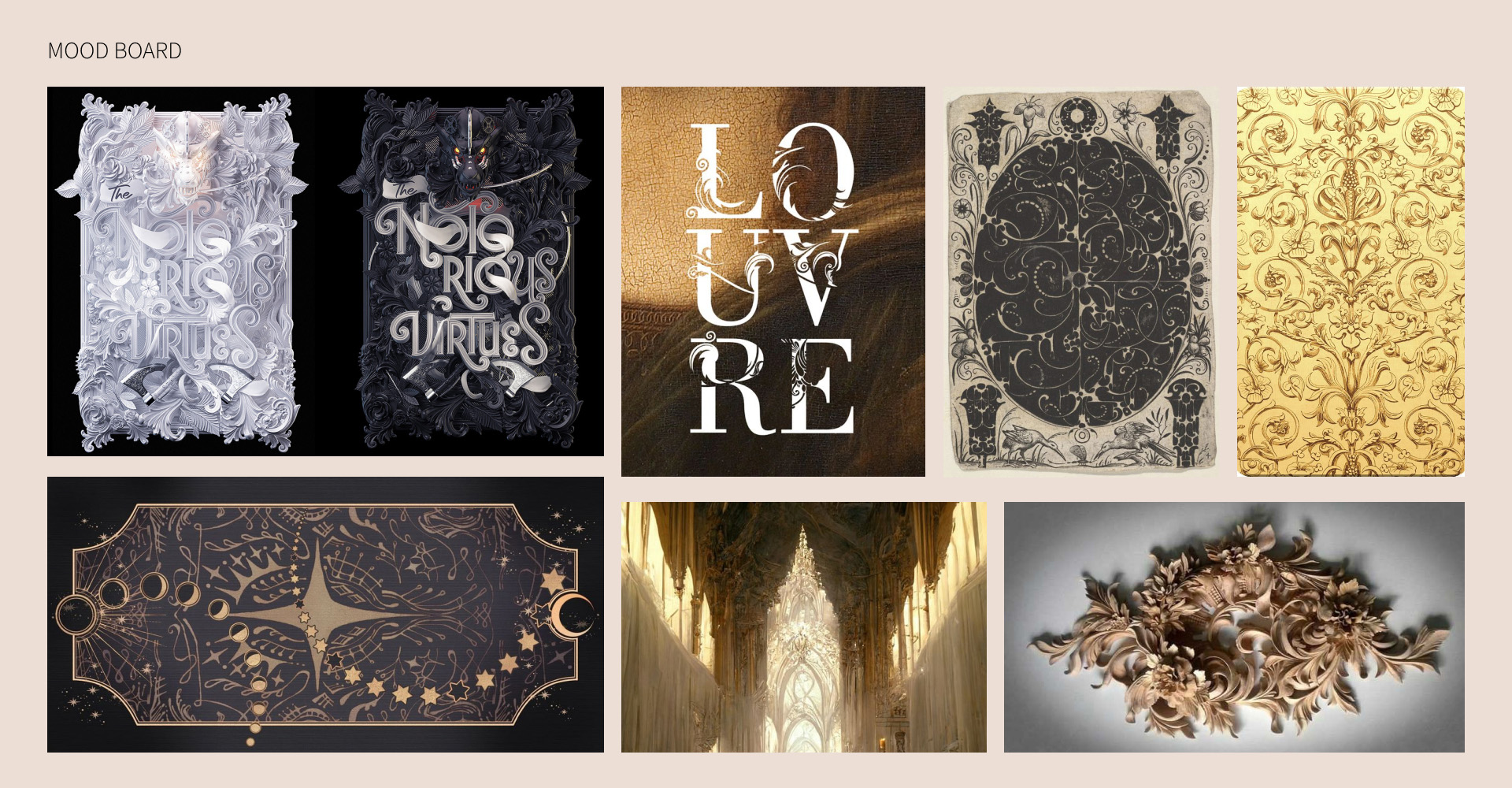 A mood board compiling various images of posters and other artwork that have swirls and intricate details