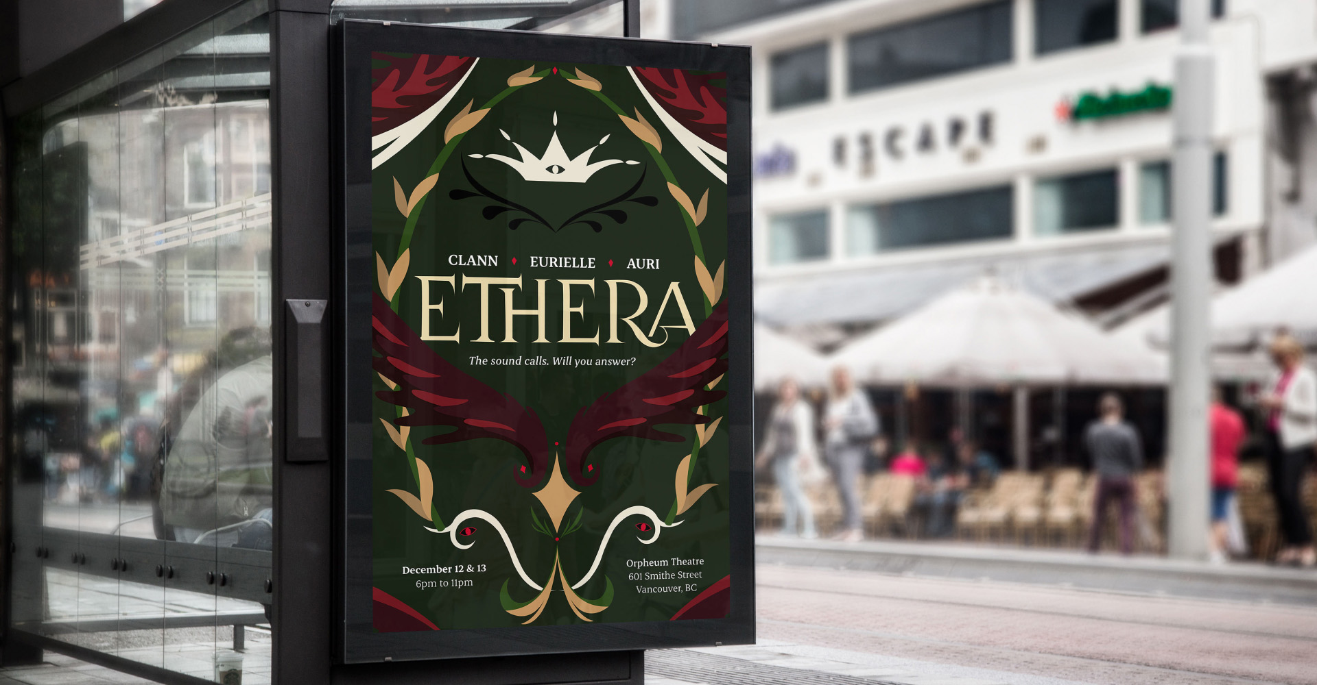 A mockup of the dark version of Ethera's music festival poster on a transit shelter during daytime