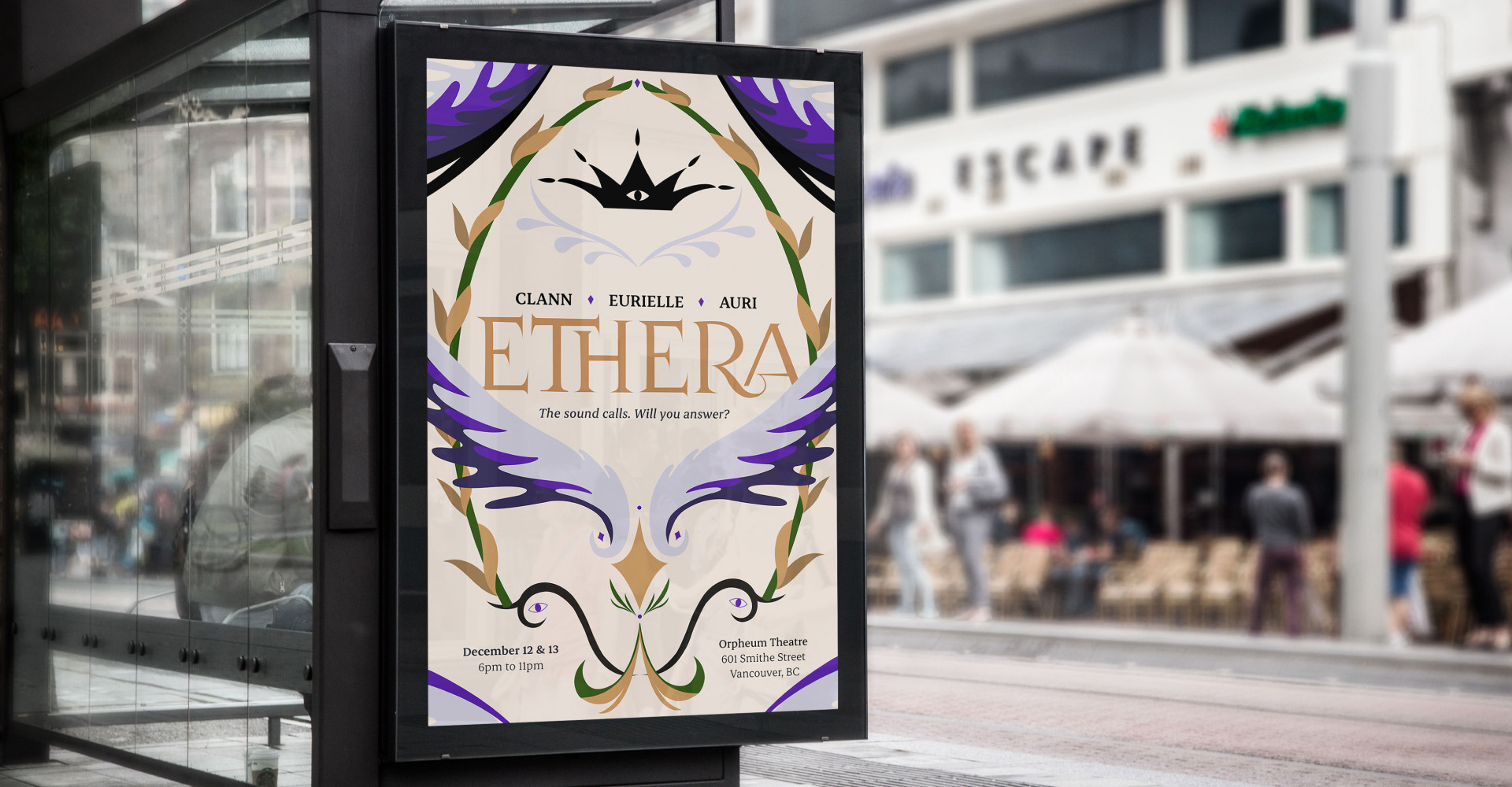 A mockup of the light version of Ethera's music festival poster on a transit shelter during daytime