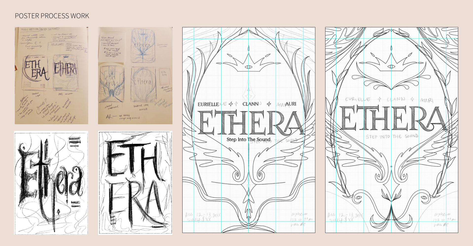 Sketches and process work for the Ethera music festival poster on both plain paper and digital canvases