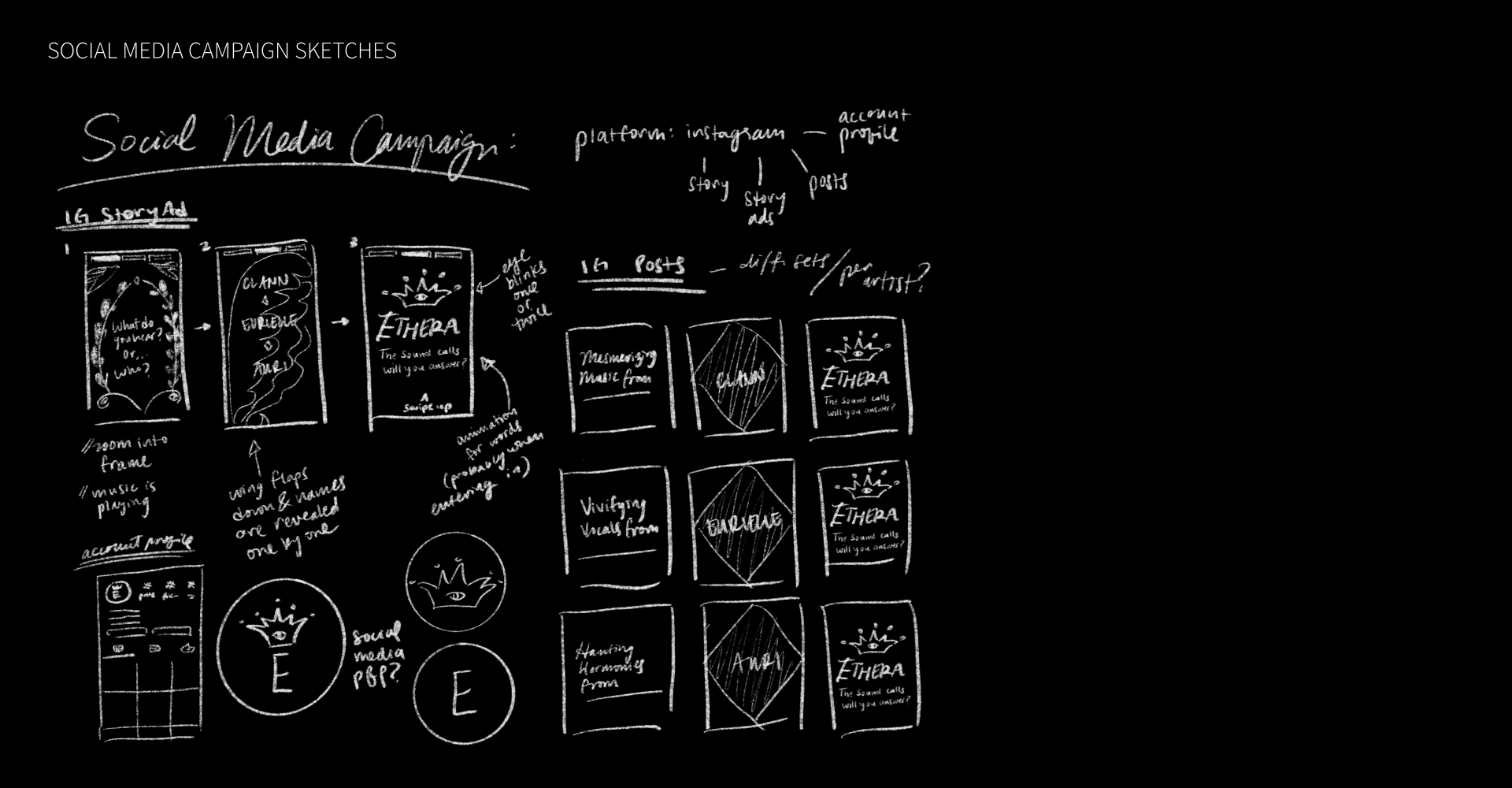 Sketches for potential Instagram posts and stories for Ethera's social media campaign