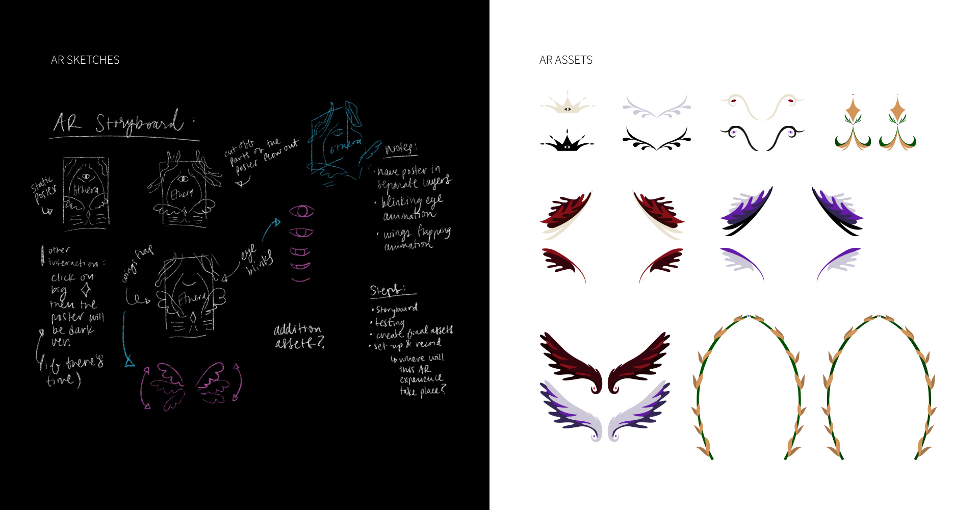 Sketches of the augmented reality concepts for Ethera and the final AR assets, all elements pulled from the poster design