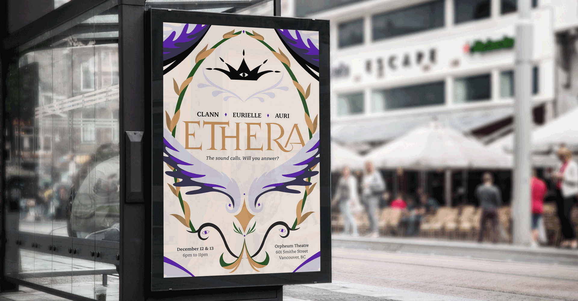 A gif showing mockups of the light version and dark version of Ethera's music festival poster on a transit shelter during daytime