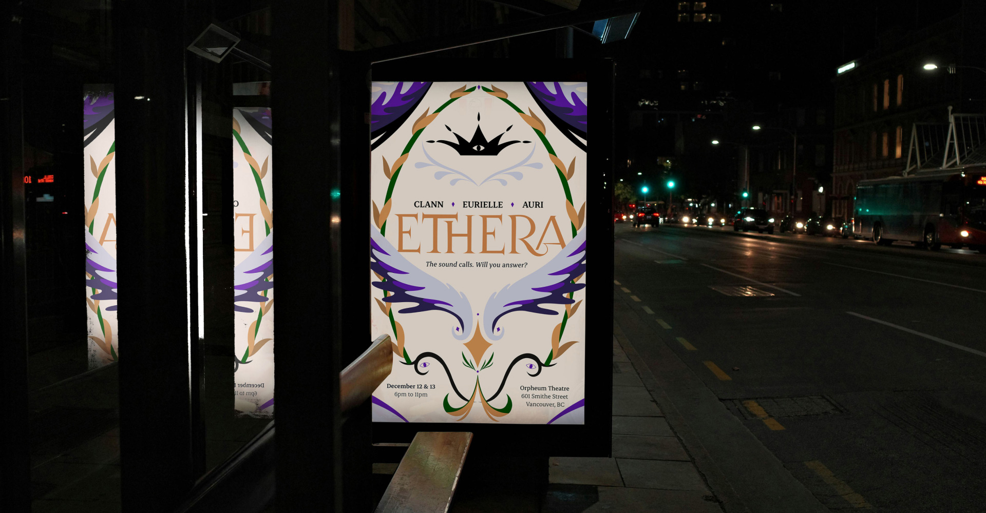 A transit shelter at night showing Ethera's music festival poster mocked up