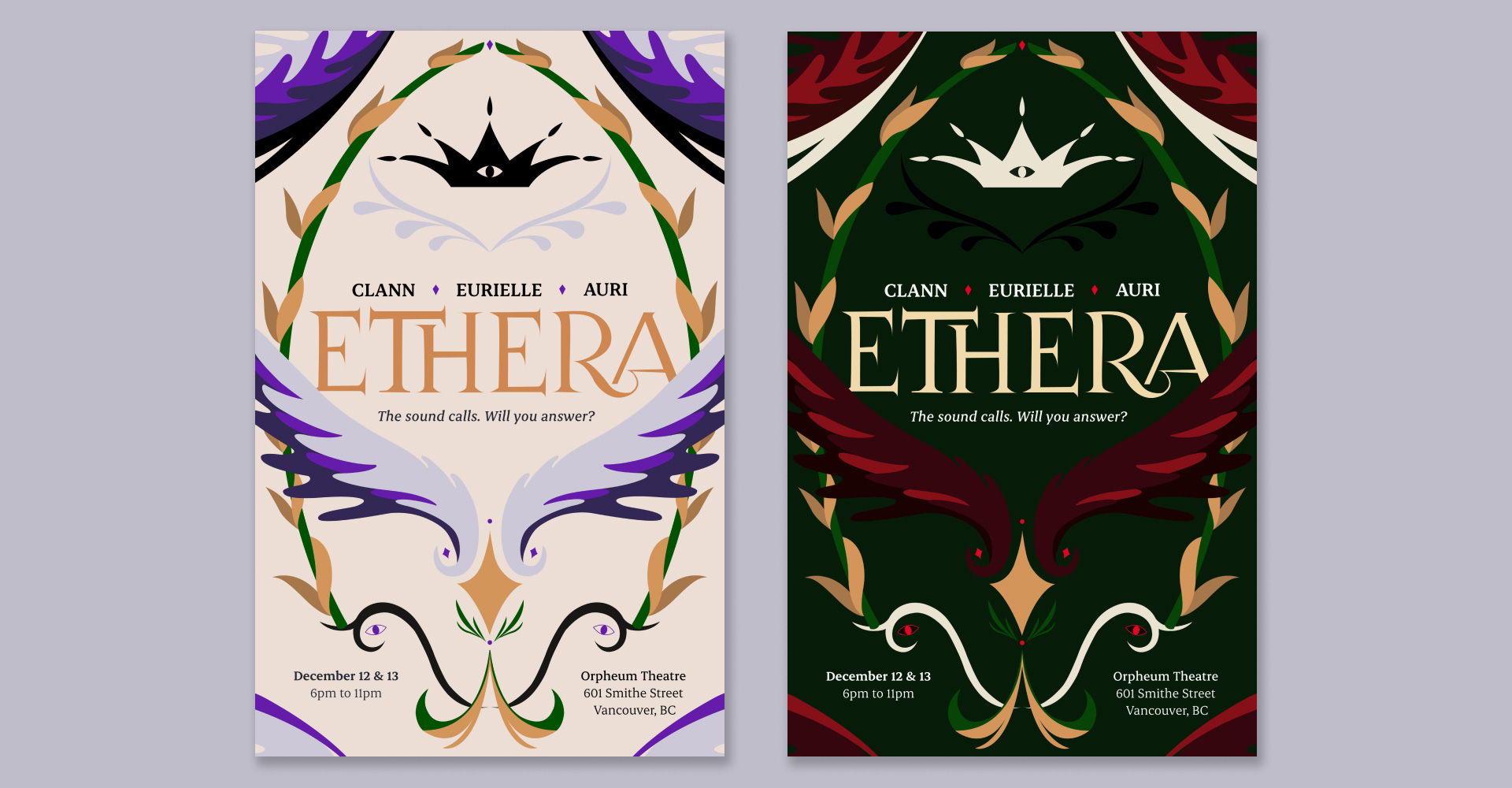 The two final posters for Ethera, one with a lighter colour scheme and the other with a darker colour scheme. The posters have a crown with an eye, wings, and various other swirly and elegant shapes