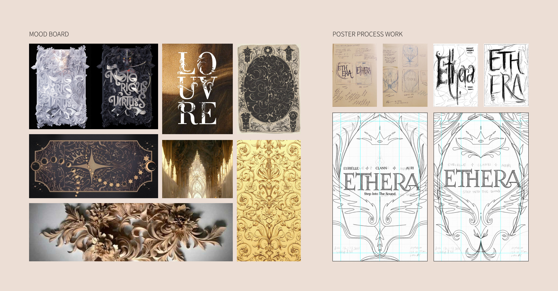 On the left, mood board compiling various images of posters and artwork with swirls and intricate details. On the right, poster process work with pencil and in Adobe Illustrator