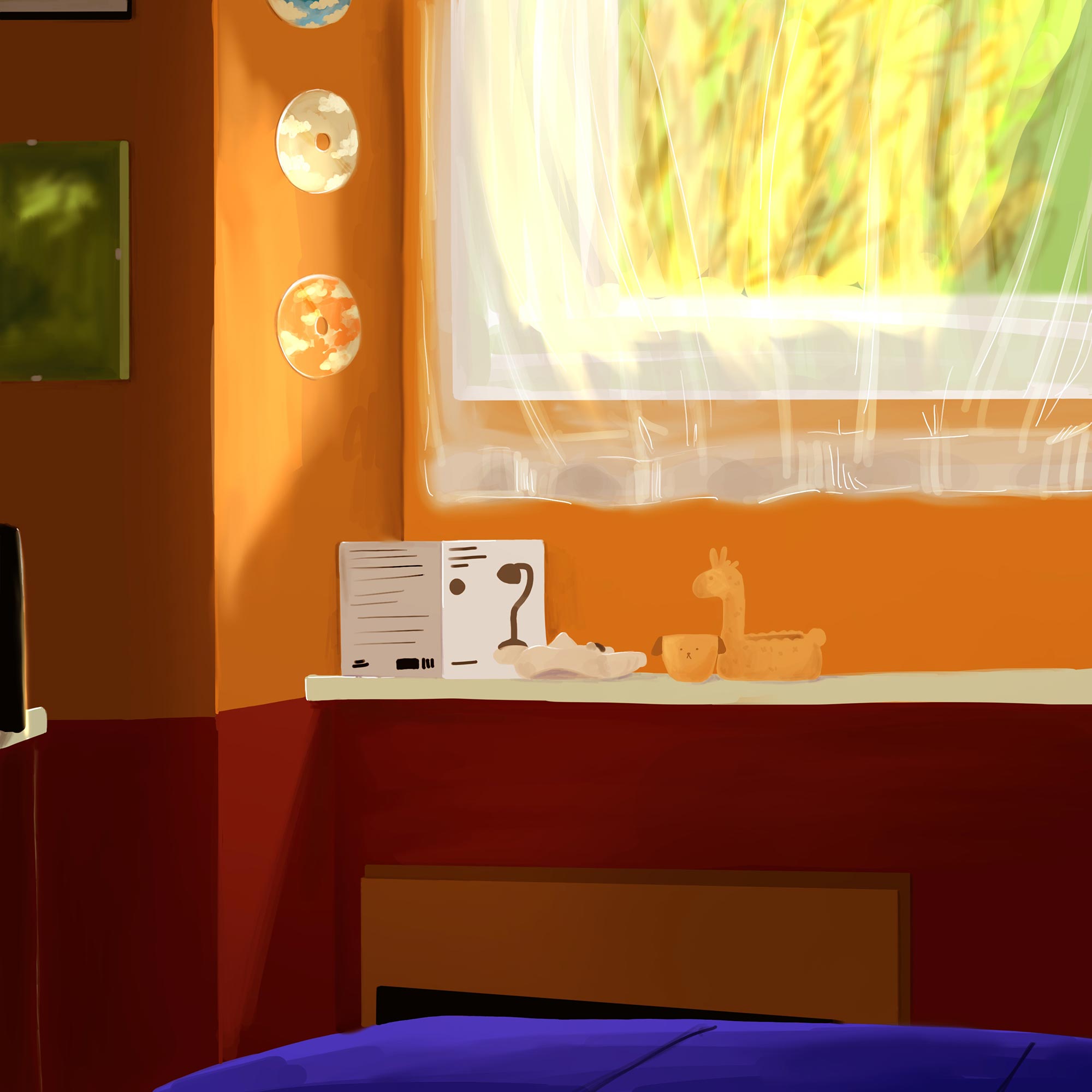 An illustration of a brightly lit corner of a bedroom