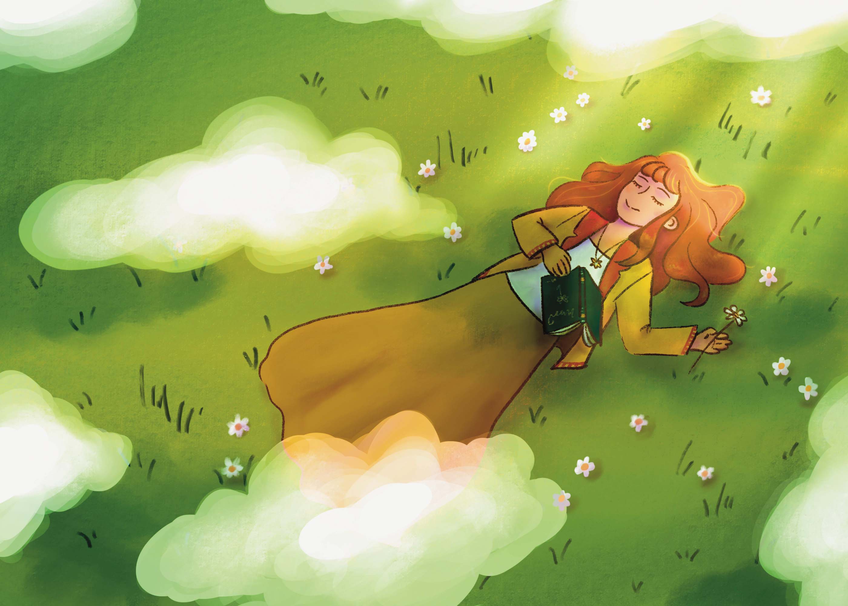 An illustration of a girl lying with a book on her chest and her eyes close. She is on the grass with daisies around her