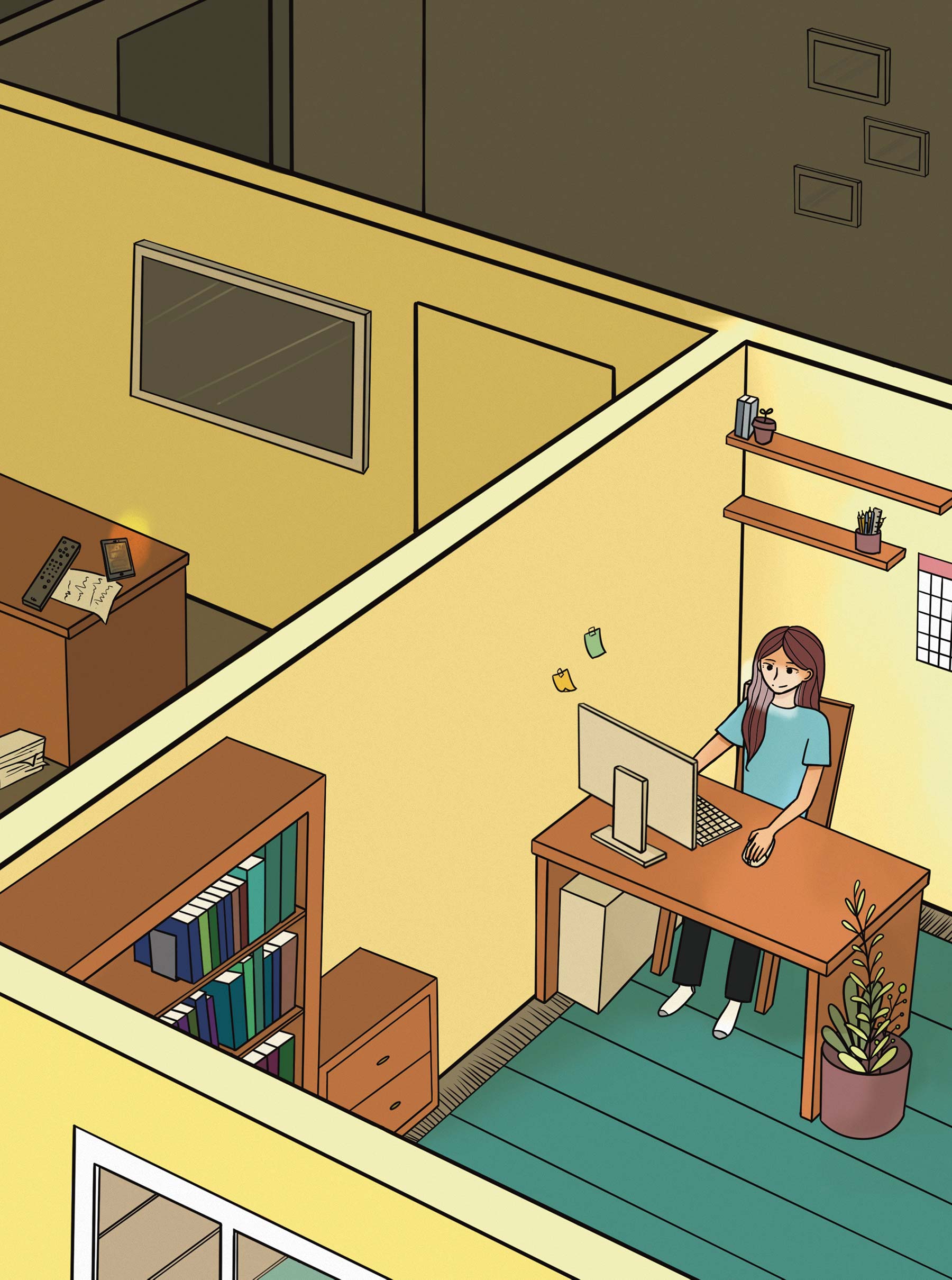 An illustration of a girl sitting in an office space on her computer. In the other room, her phone screen lights up