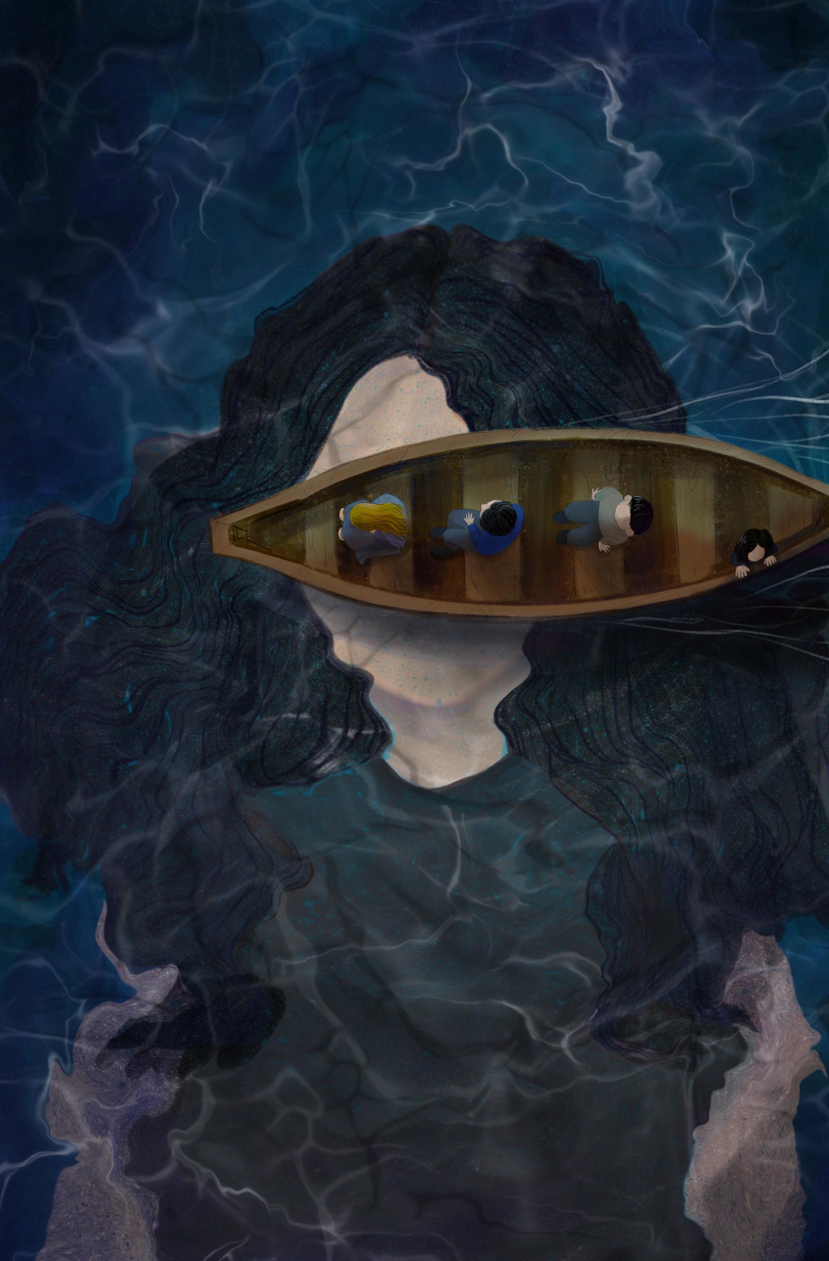 An illustration of a giant girl underwater and a boat with tiny people on it covering her eyes