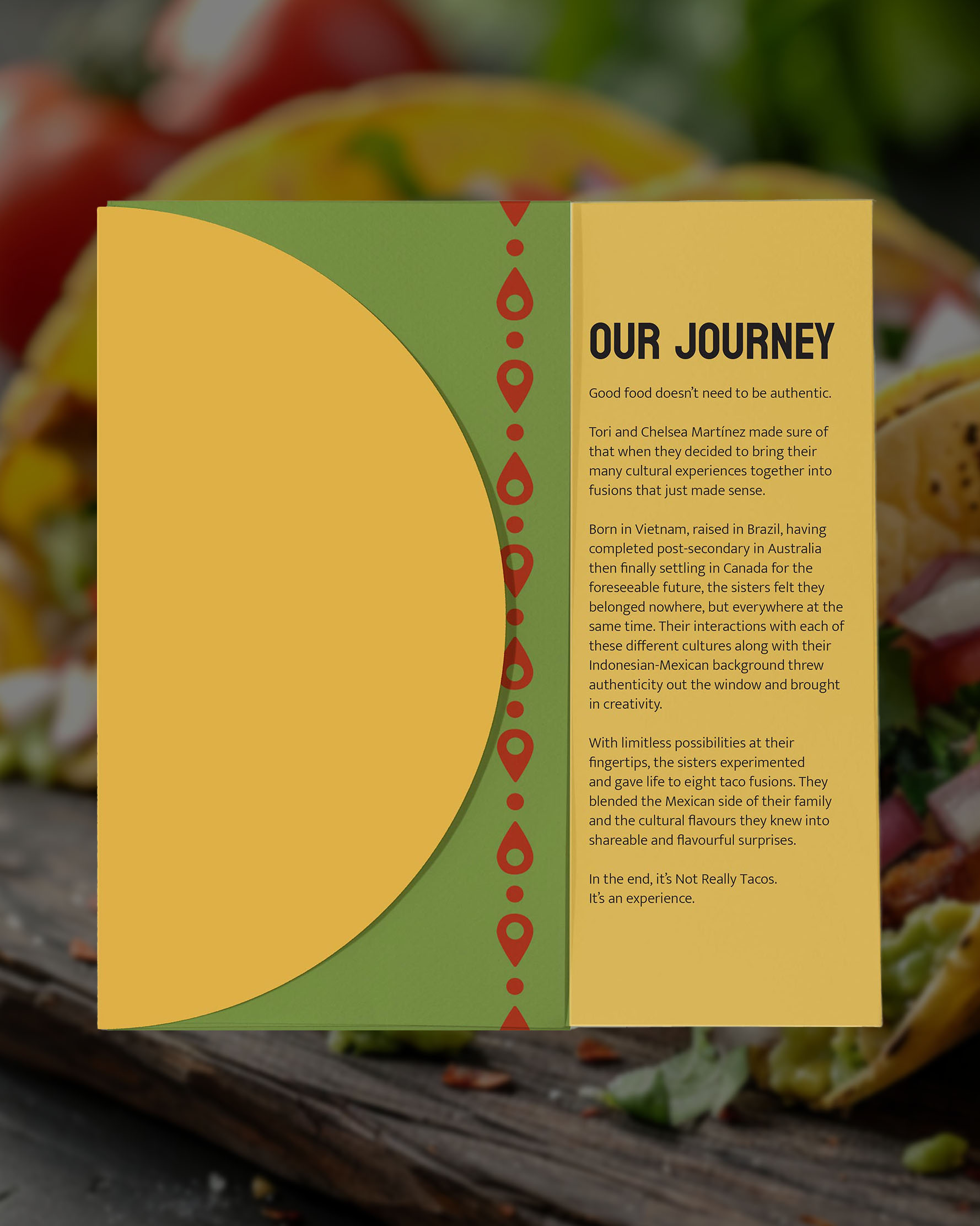 A yellow menu layout somewhat resembling a taco folded over a green piece of paper