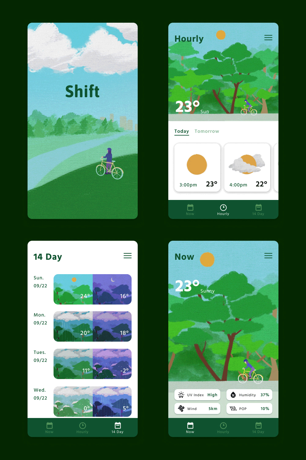 A gif of four weather app screens with the current conditions screen changing to show different weather conditions