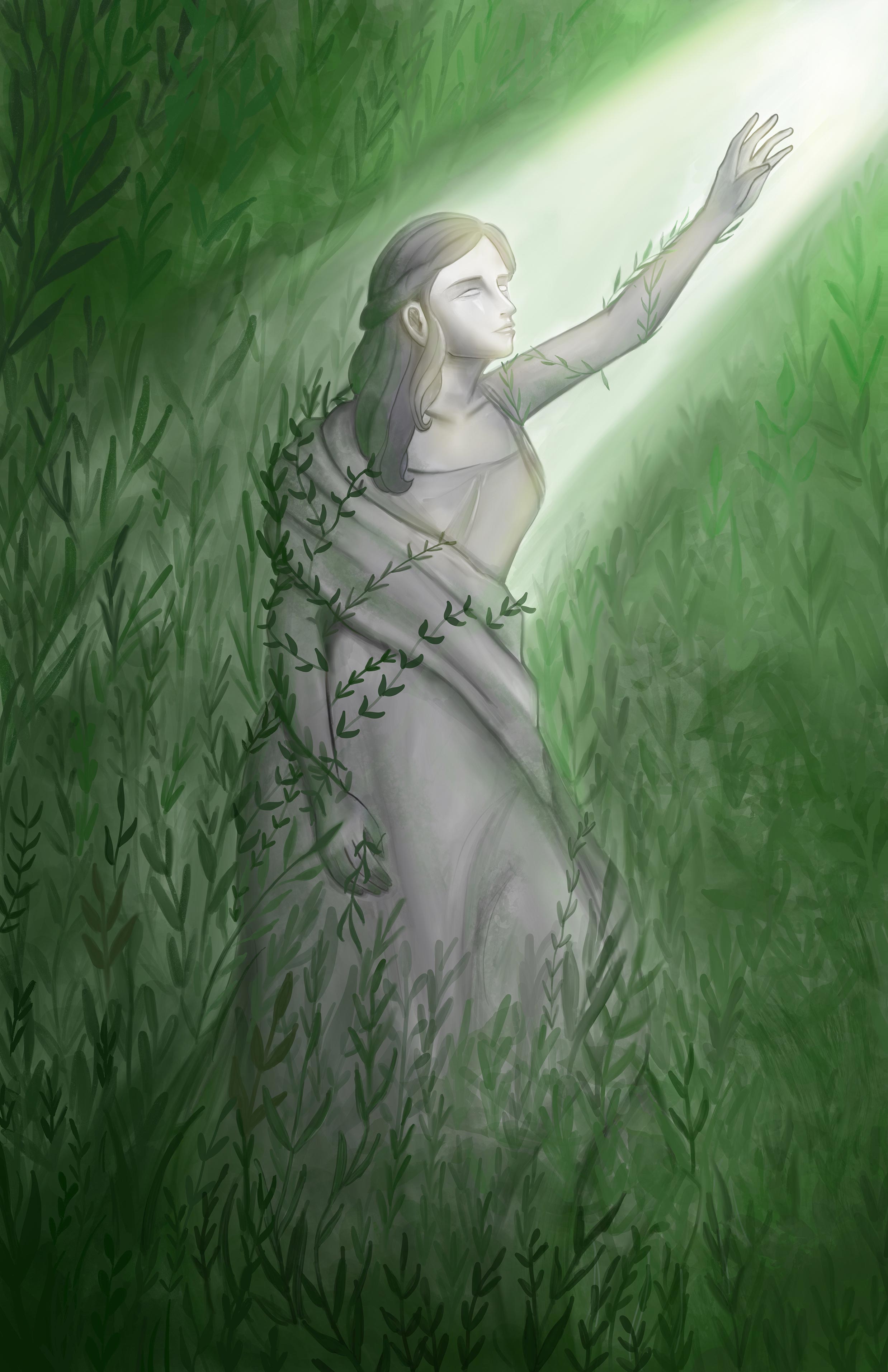 An illustration of a female stone statue with green leaves growing around and on her