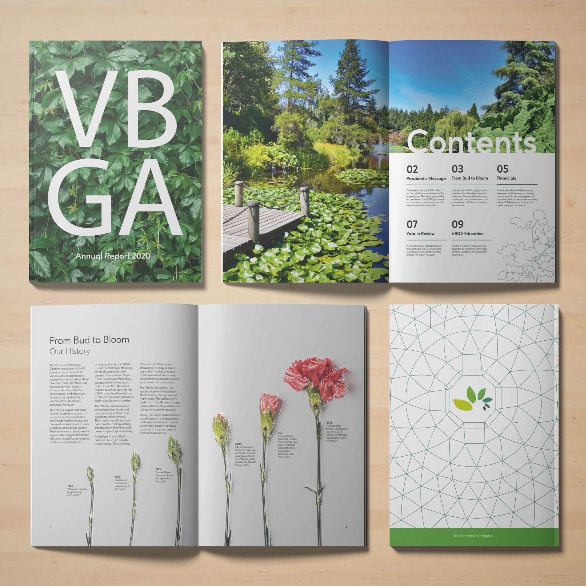 Four layouts of an annual report for the Vancouver Botanical Gardens Association