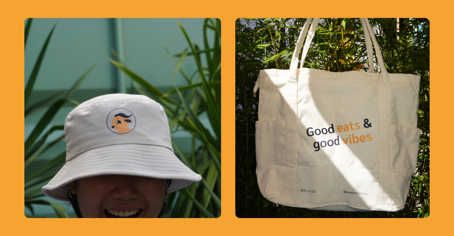 Two photos, one of a person wearing a bucket hat with Kinn Kinn's mascot and the other of the tote bag design
