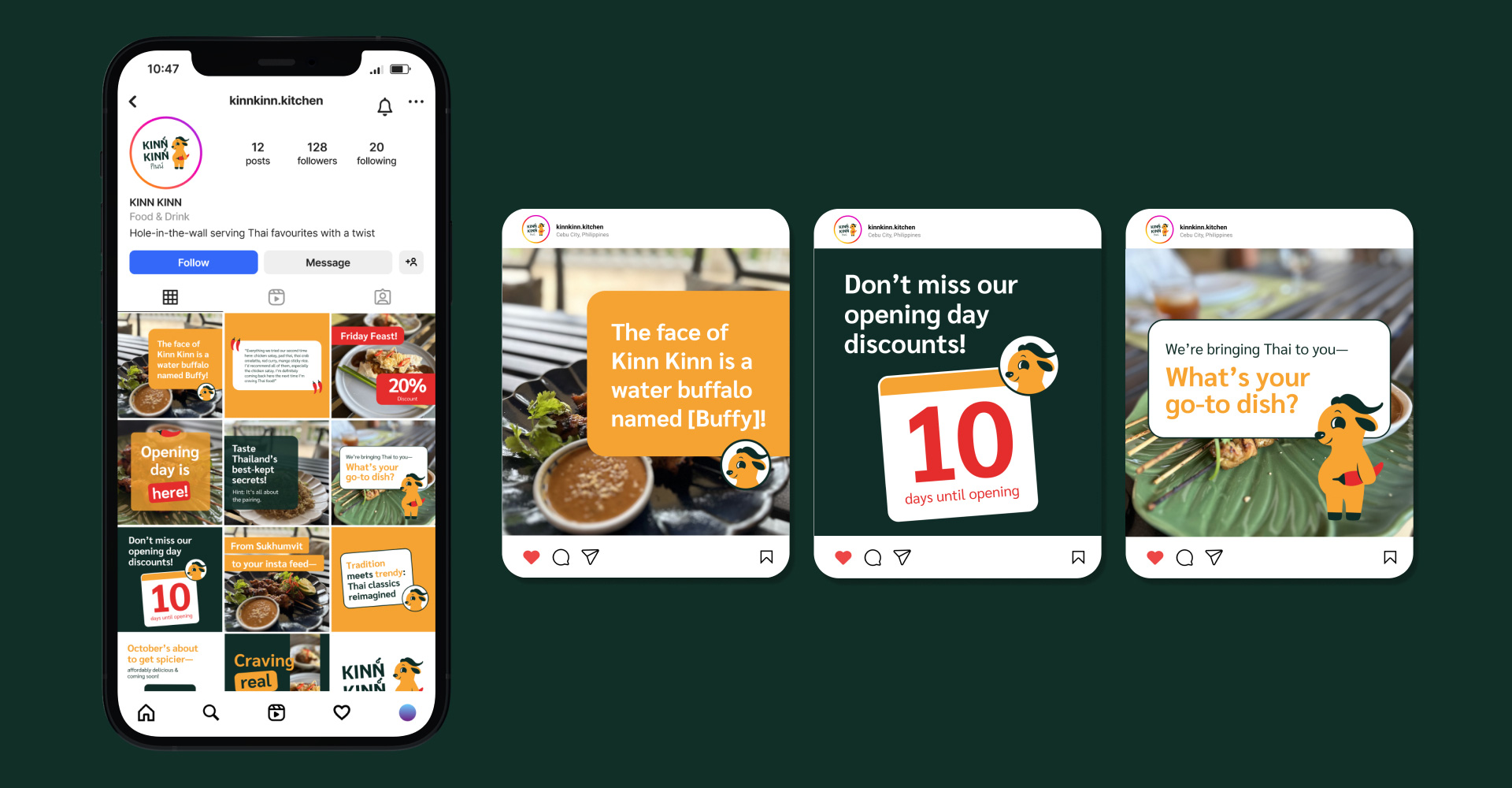 A mock up of Kinn Kinn's Instagram feed on the left with three social media post templates shown in detail on the right