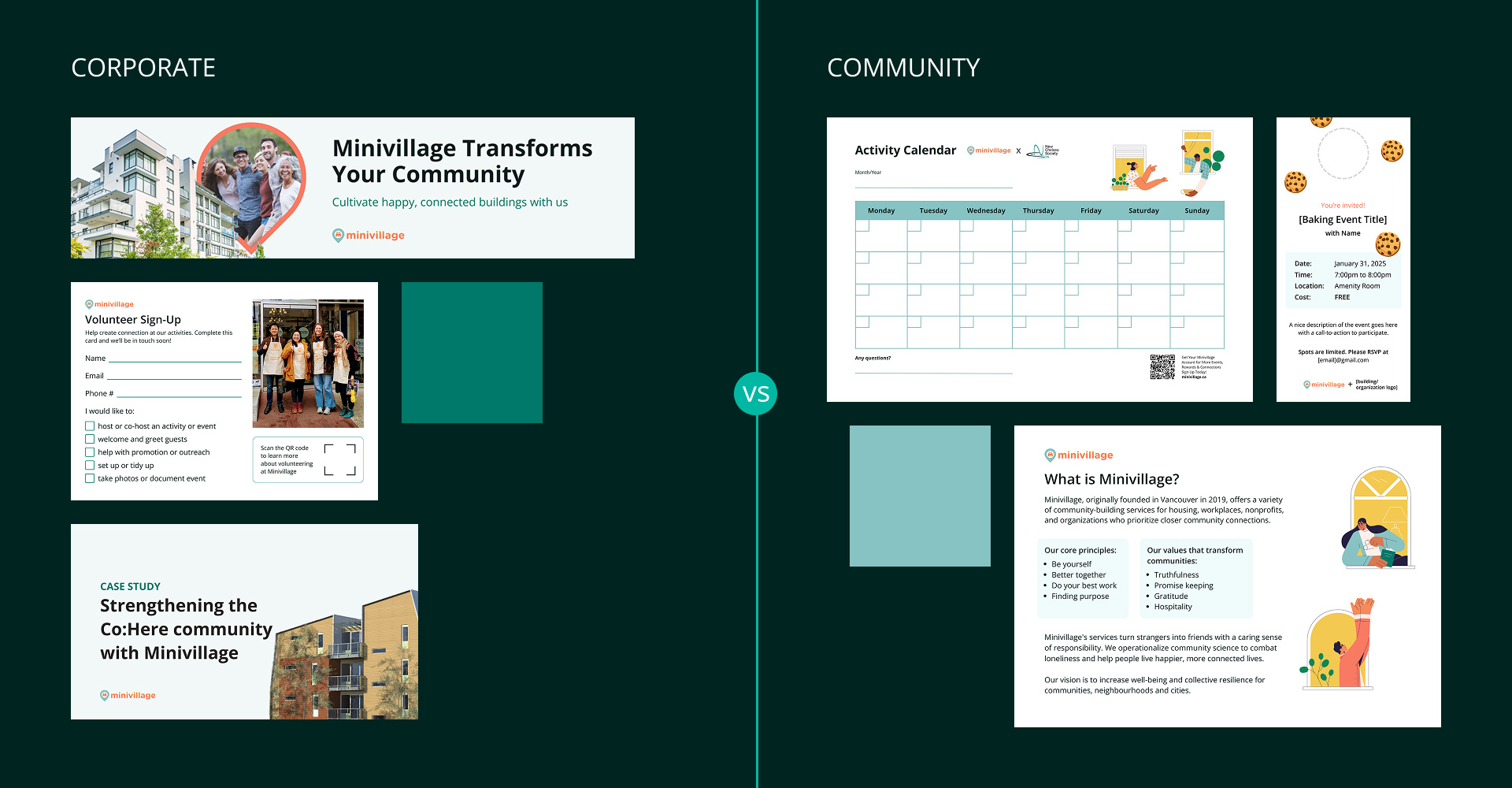 A comparison of corporate and community marketing collateral pieces