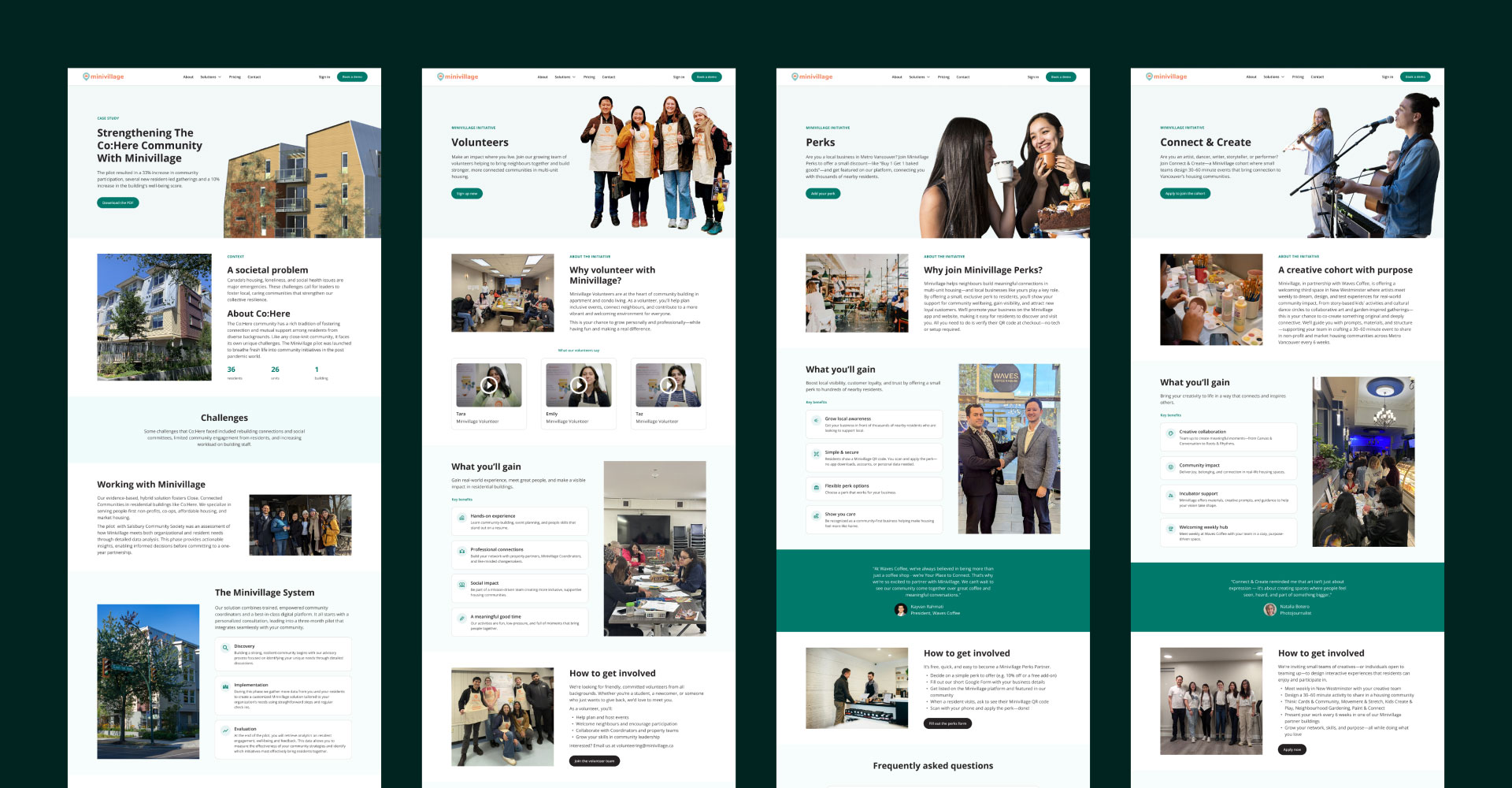 A side by side of the top portion of four different webpages on the Minivillage website