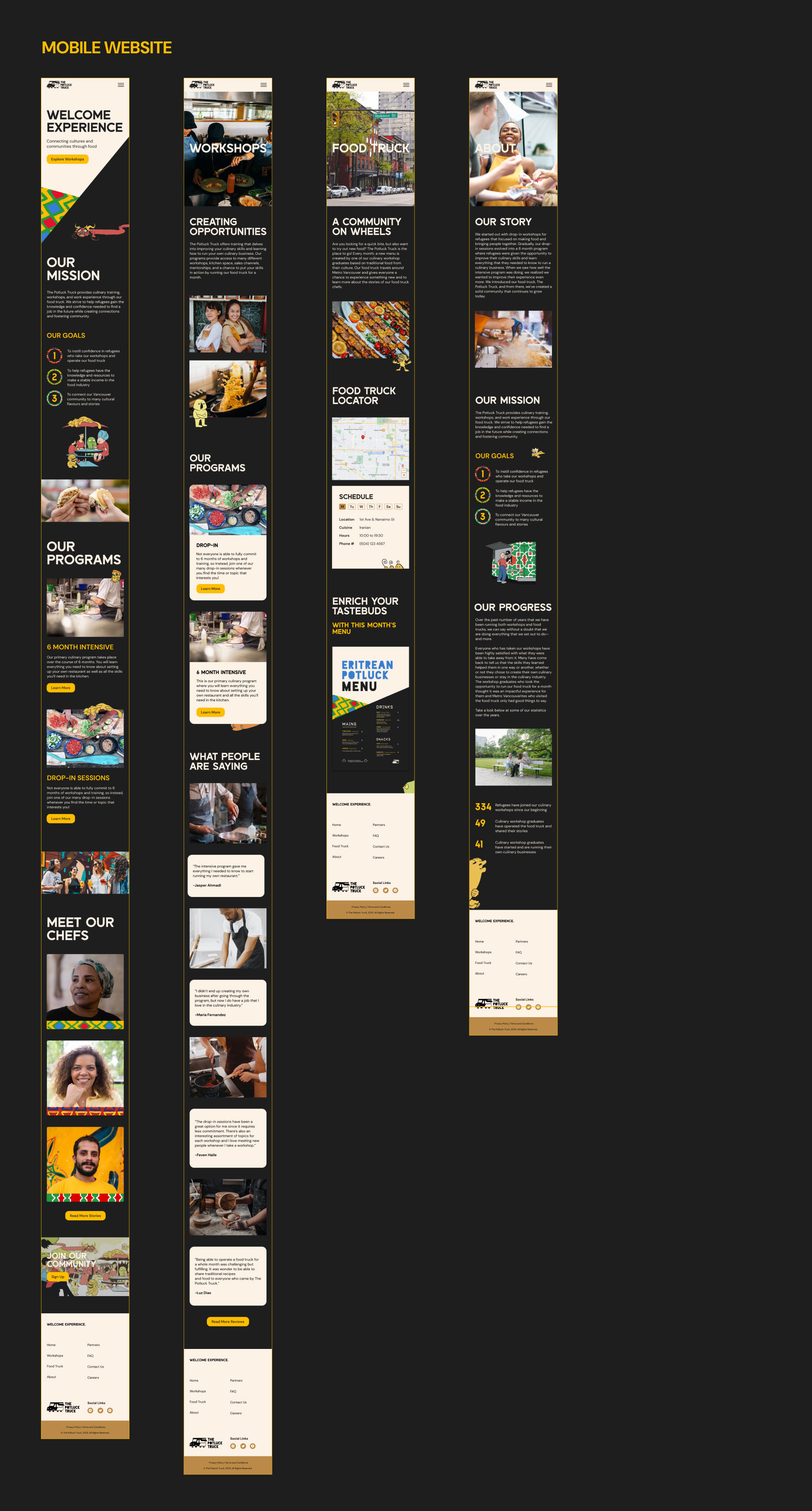 The final website design for the Potluck Truck, mobile version. It includes the Home, Workshop, Food Truck, and About pages