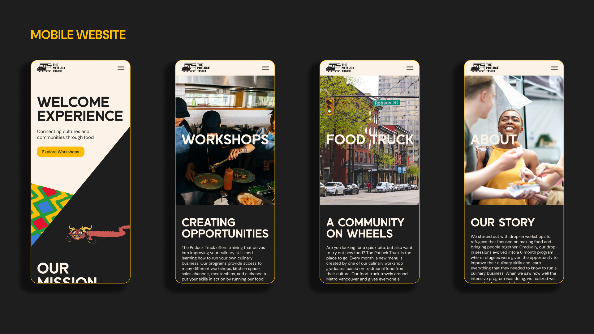 The final website design for the Potluck Truck, mobile version. It includes the top part of the Home, Workshop, Food Truck, and About pages