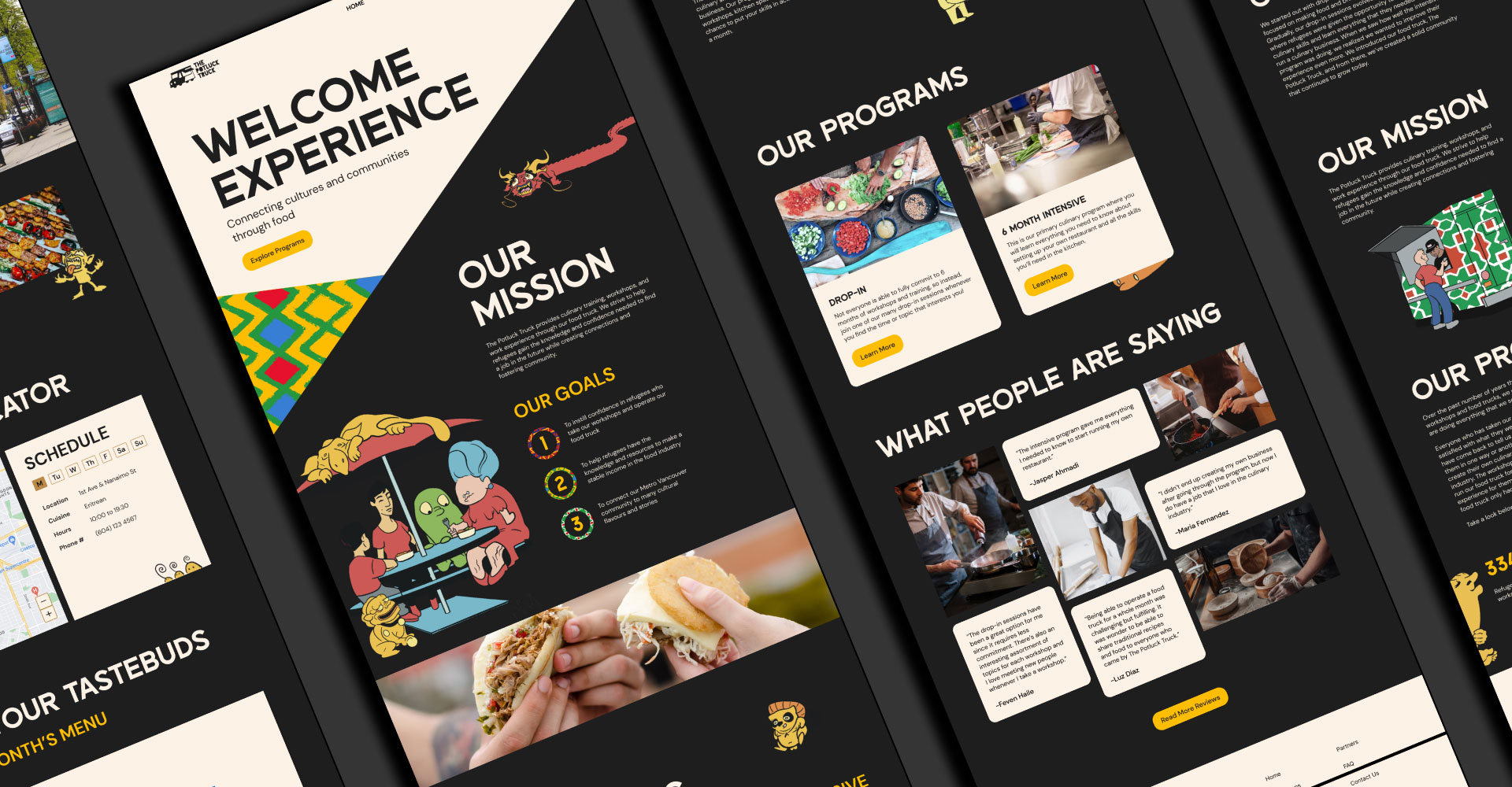 A banner showing all the desktop website pages of the Potluck Truck laying diagonally side by side