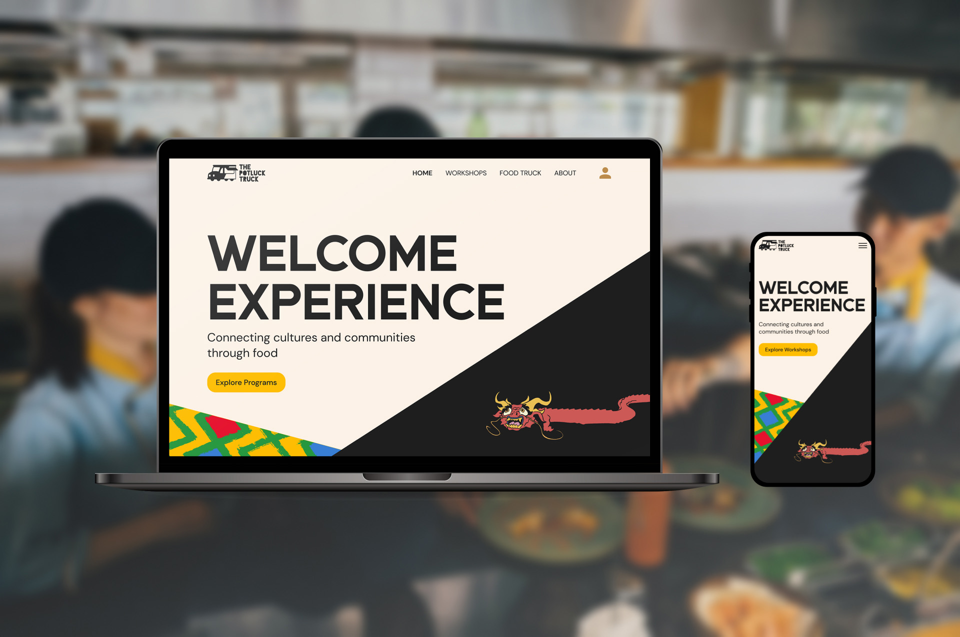 A laptop and a phone screen side by side showing the website Home page for The Potluck Truck