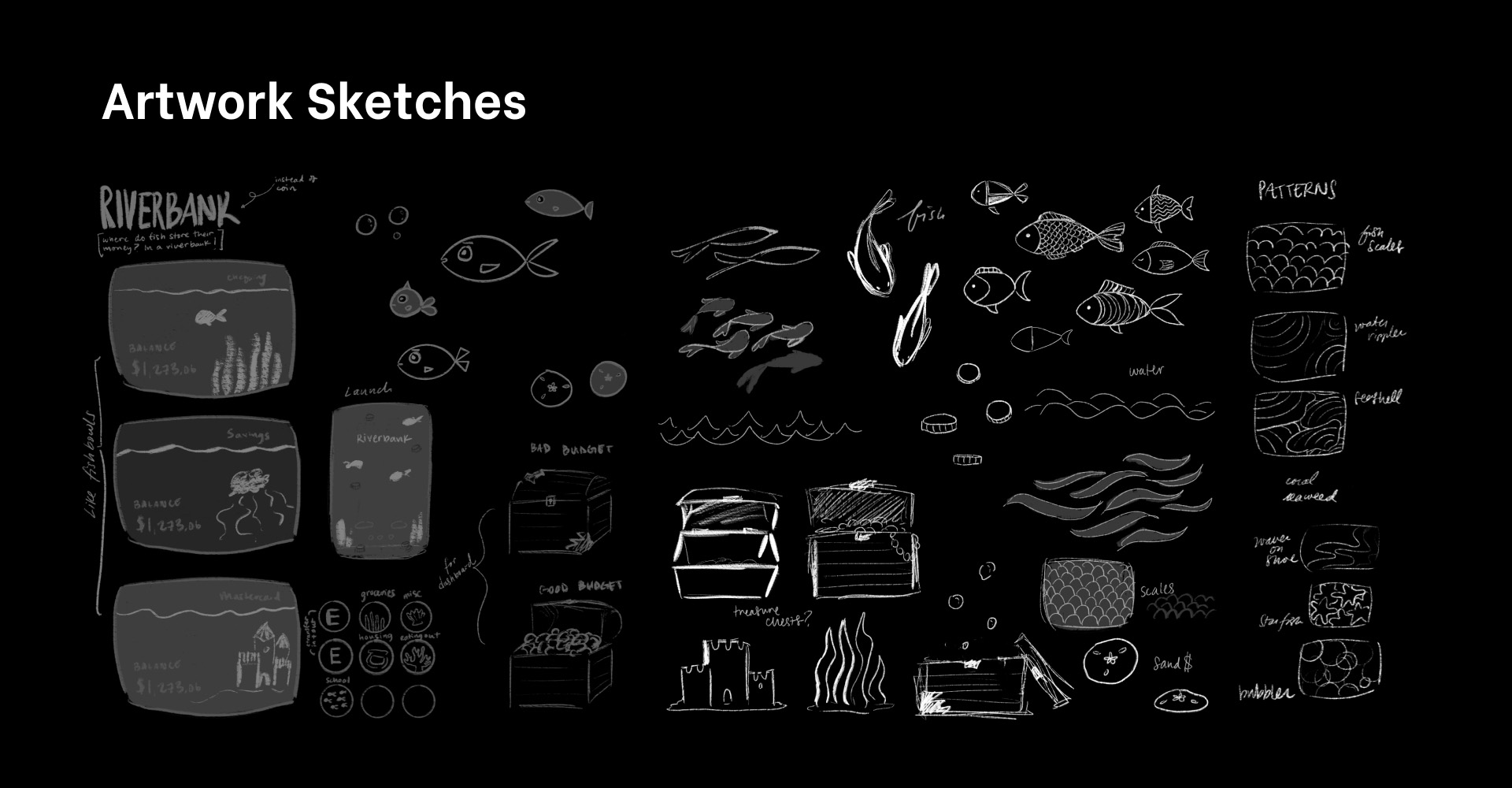 Rough sketches of fish, waves, treasure boxes, and other water-related items