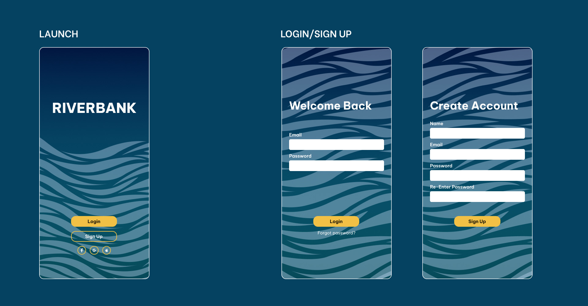 Riverbank's launch screen as well as the login and sign up screens. All of them have waves in the background