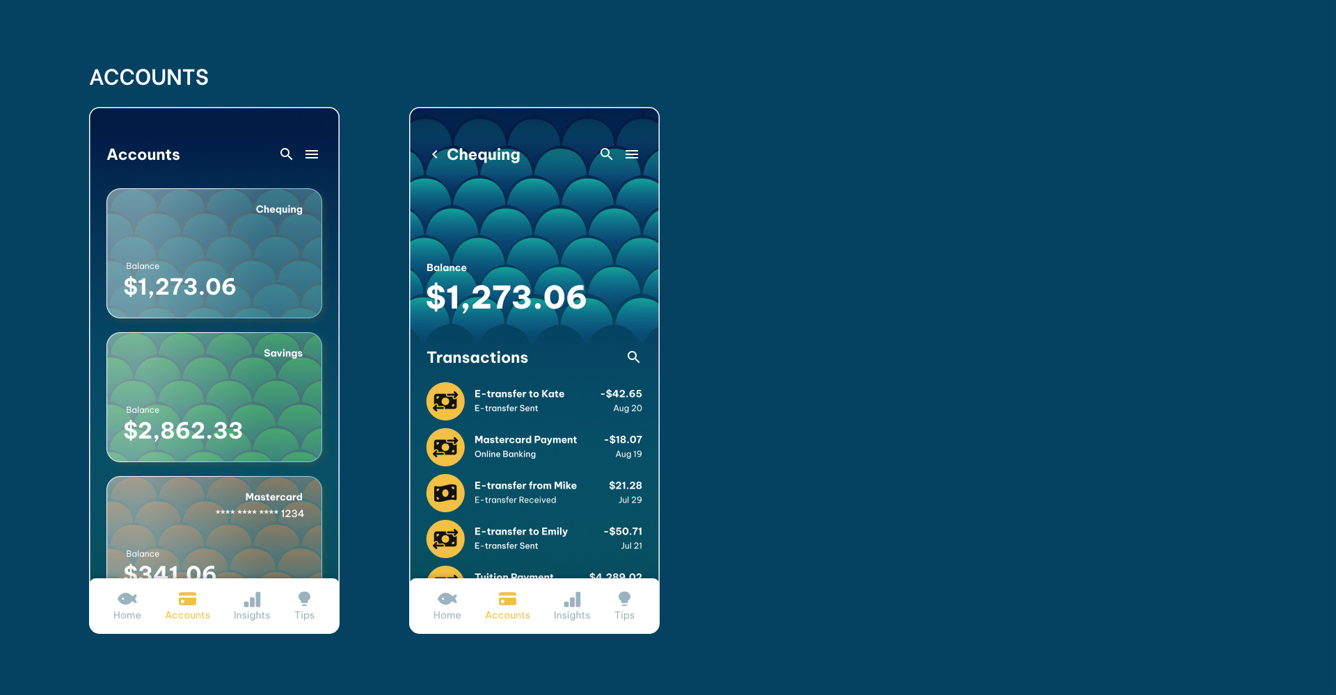 Riverbank's account page with fish-scale-patterned credit cards. An inner screen for an account shows transactions