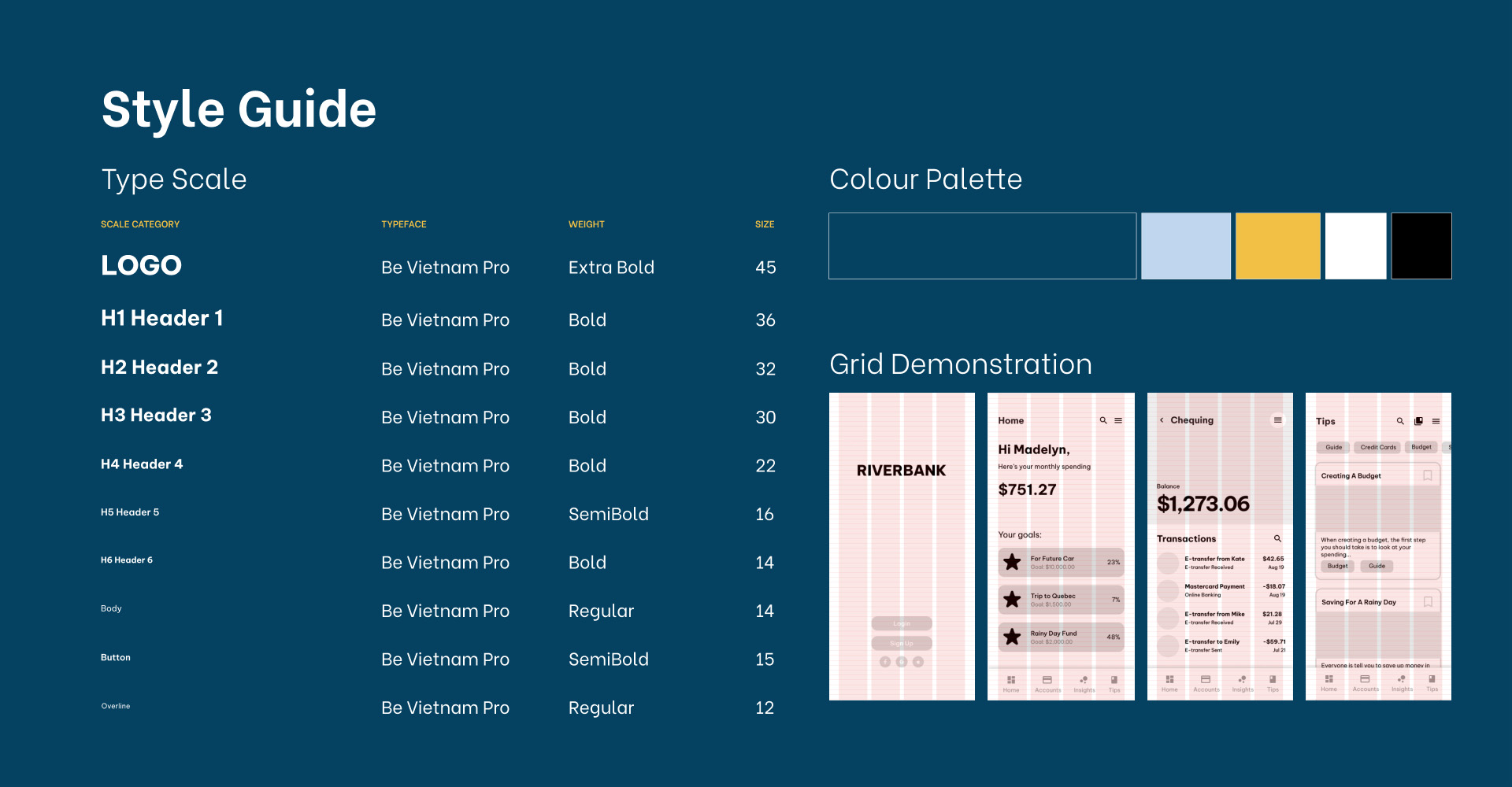 Riverbank's style guide with a type scale, colour palette, and an example of how grids are used with the final layout