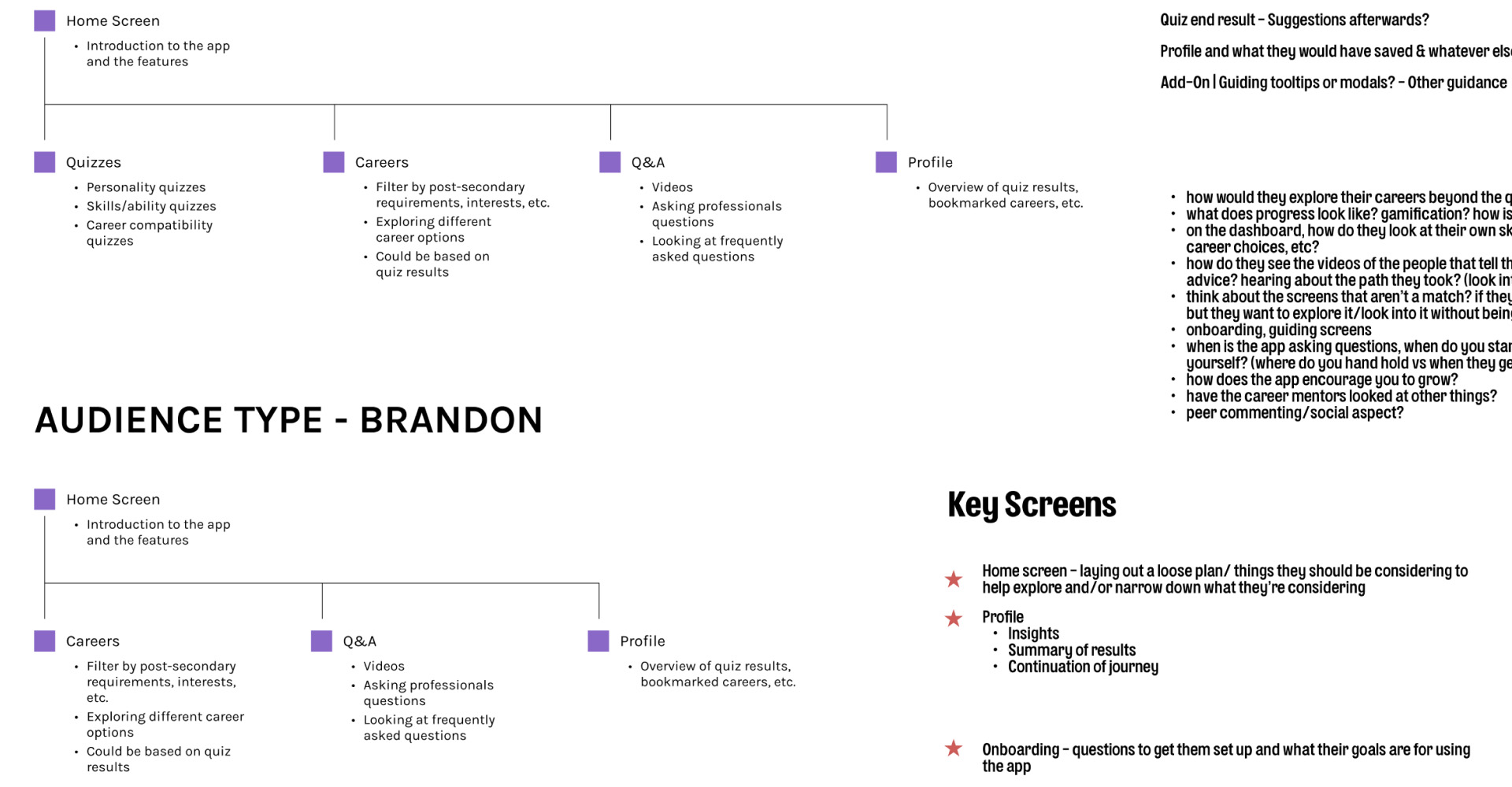 Text and flows with questions and words to decide on key screens