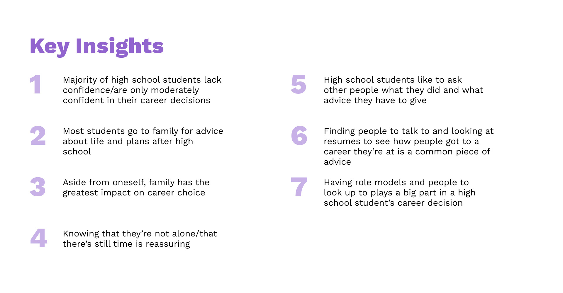 Key insights pulled from secondary research about high school students and who they go to for advice