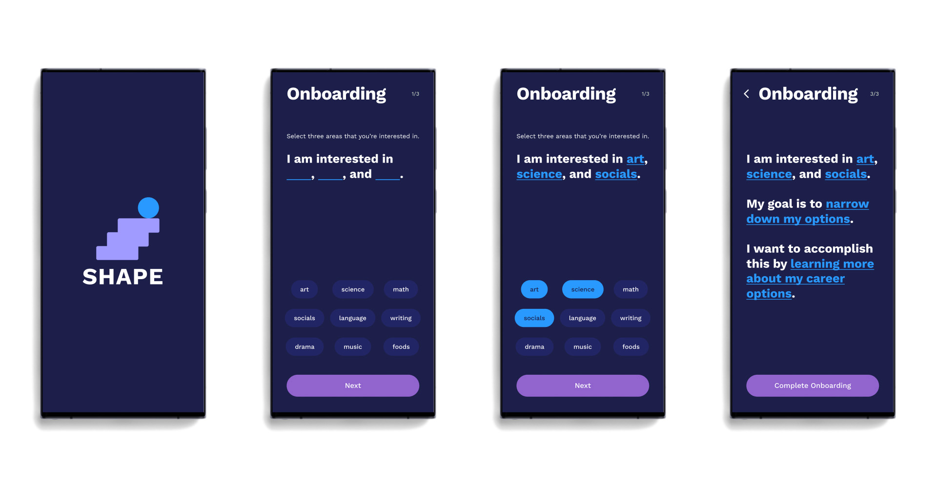 Four phone screens. One is the launch screen with the app icon and the others are the onboarding screens