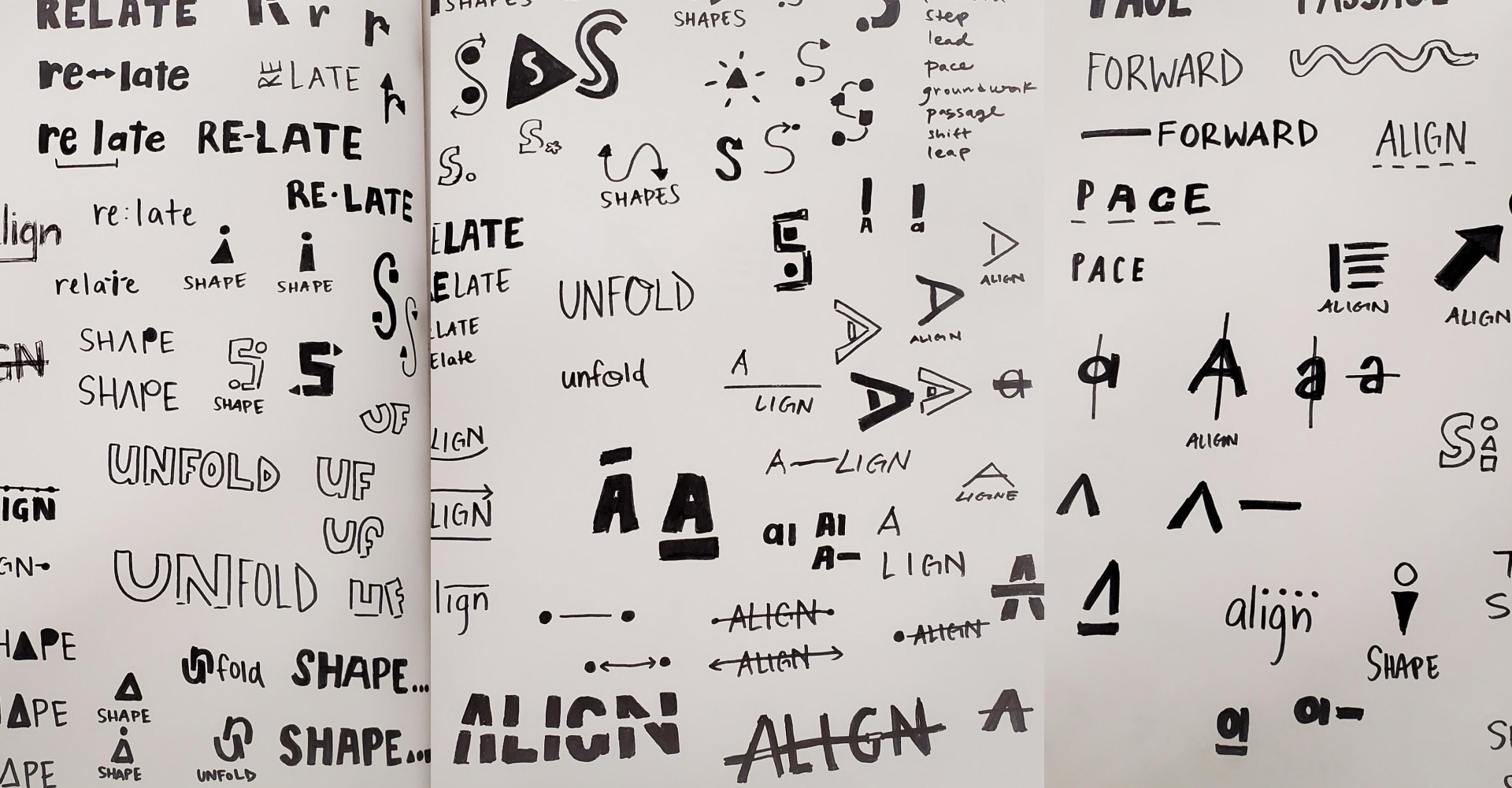 Pages of logo sketches and concepts