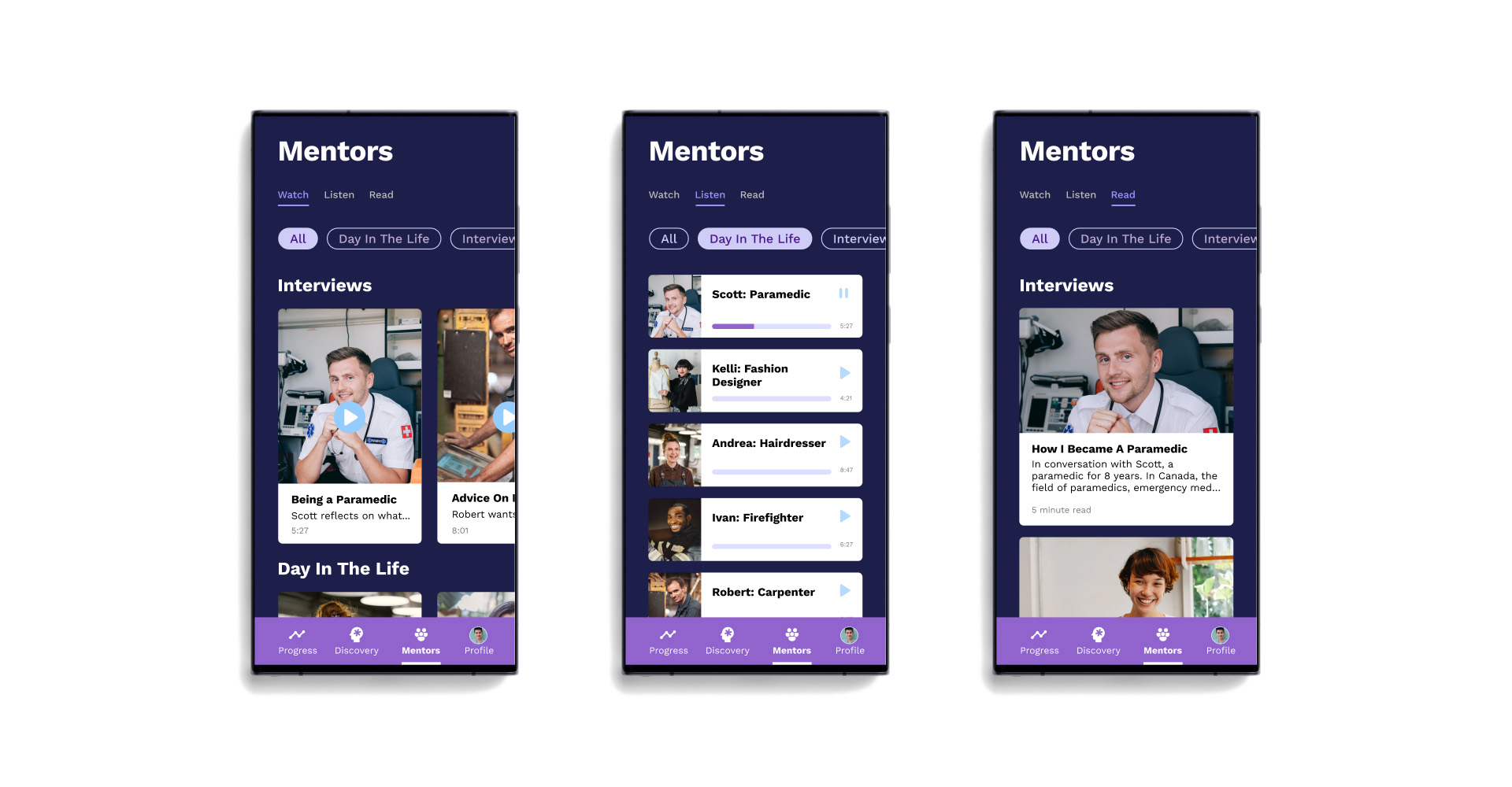 Three screens of the Mentors section showing interviews and career advice that users can listen to, watch, or read