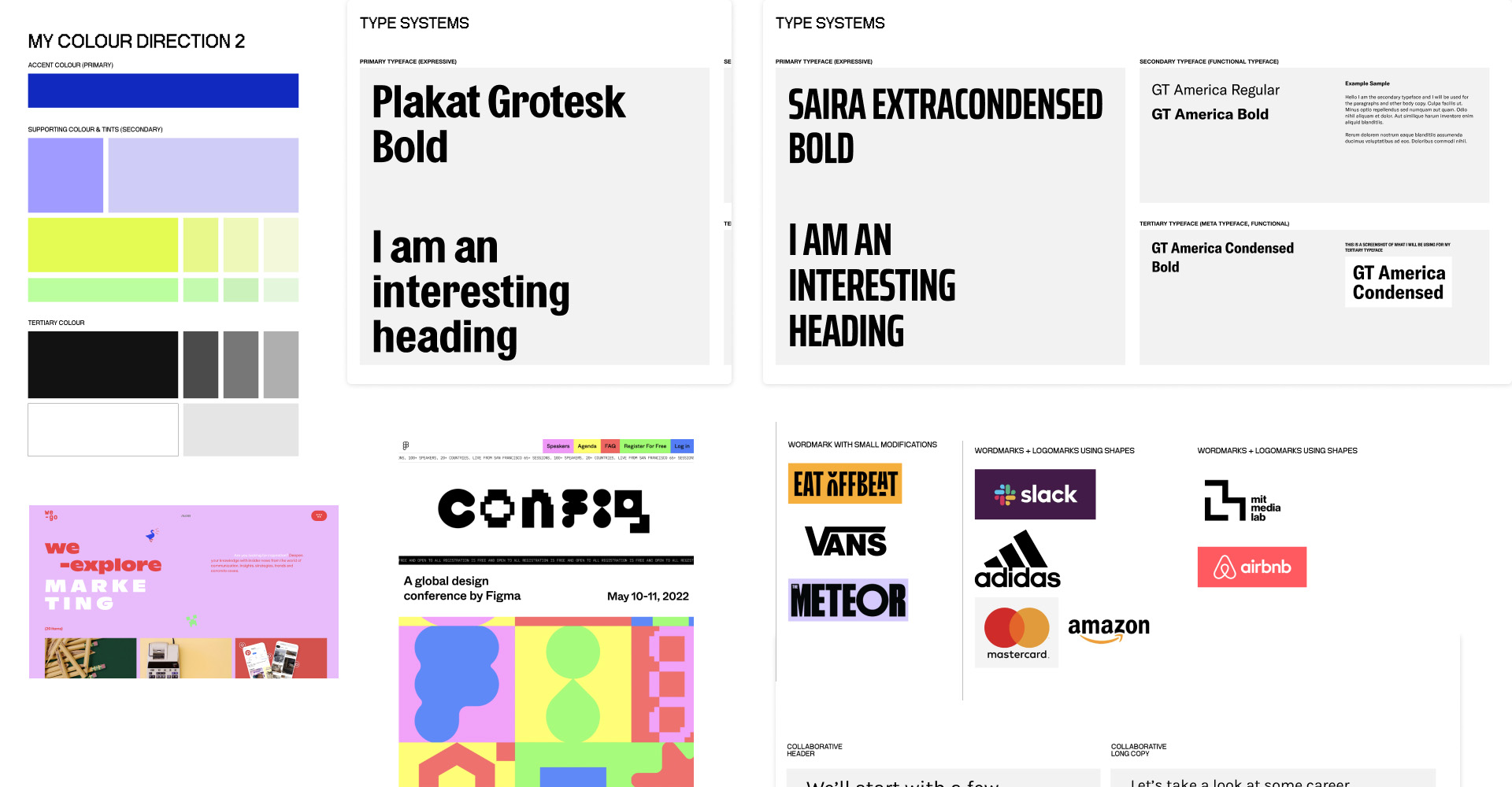 A mood board of the typography, colours, logo inspiration, and more for creating Shape's branding