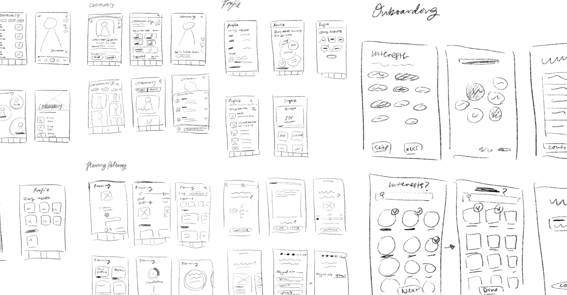 More low fidelity sketches of app screens and layouts