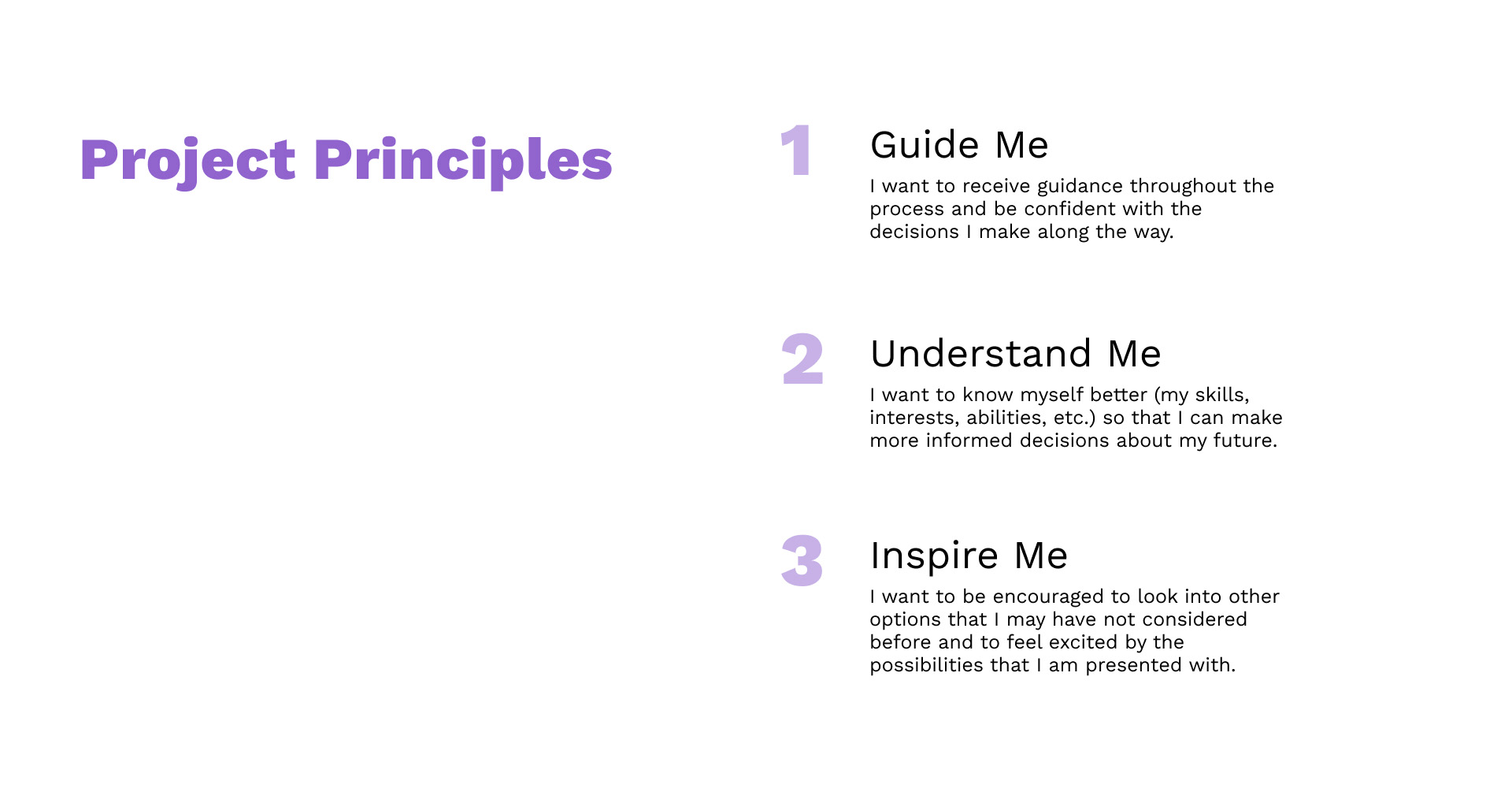 Project principles, written in a student's point of view. They are: guide me, understand me, and inspire me