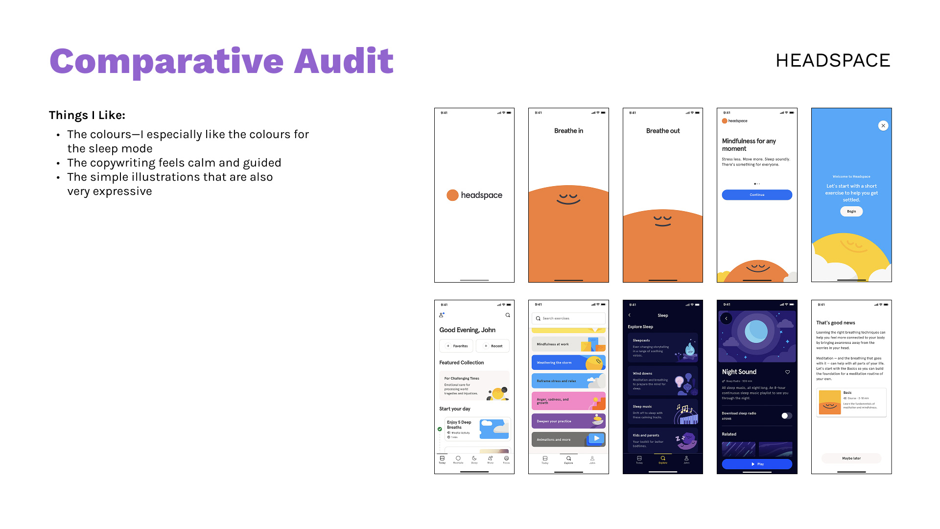 A comparative audit of the Headspace app, showing screengrabs on the right and notes on the left