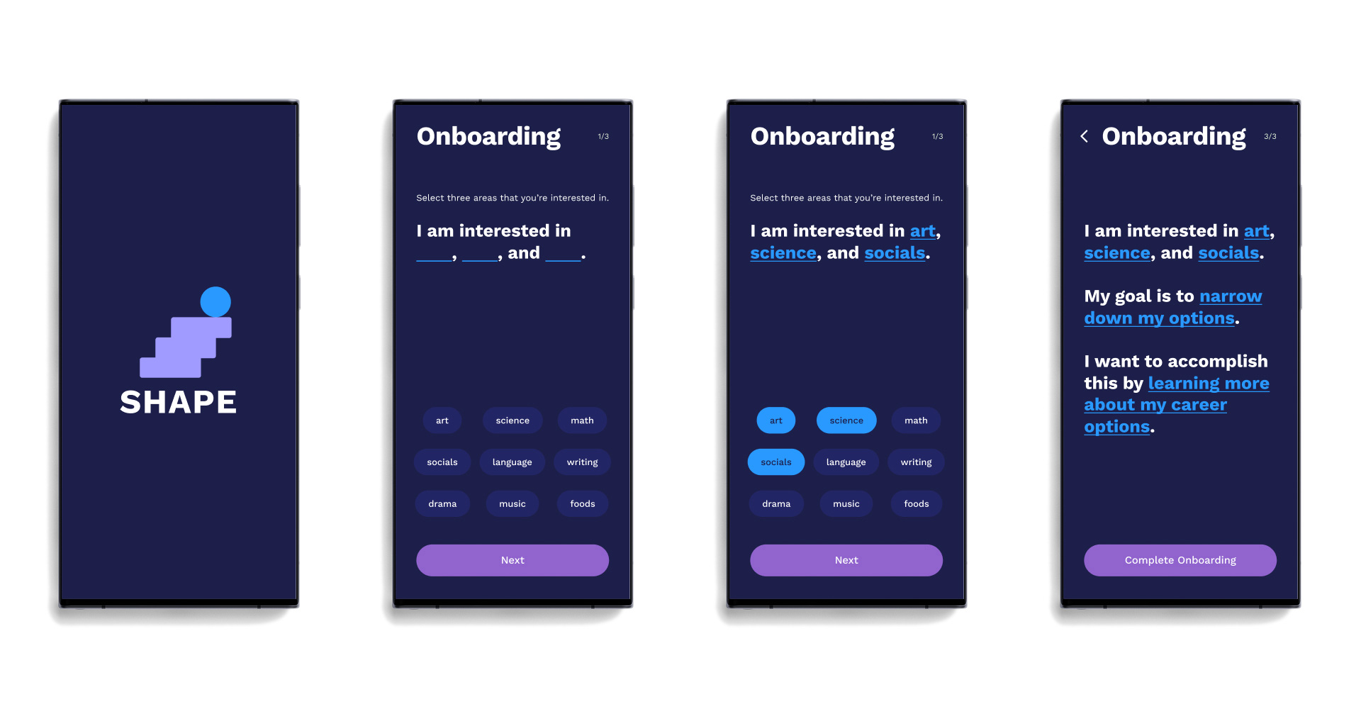Four phone screens. One is the launch screen with the app icon and the others are the onboarding screens