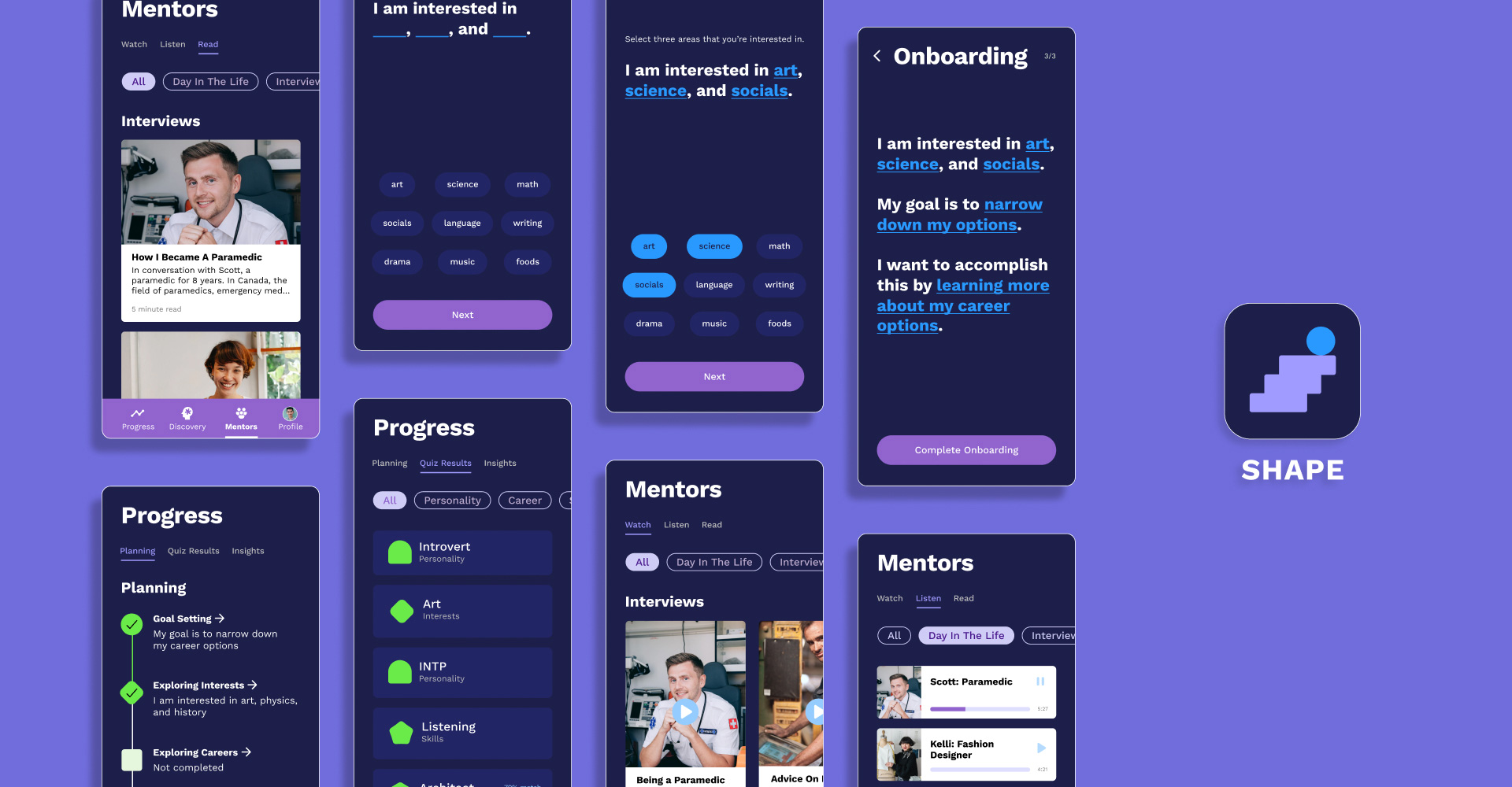 Many of Shape's app screens side by side with the app icon on the right side