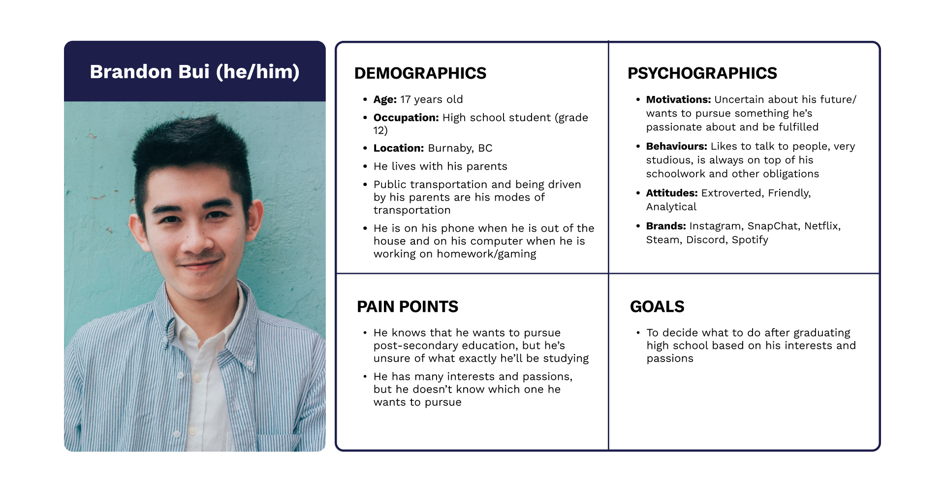 User persona for a grade 12 high school student