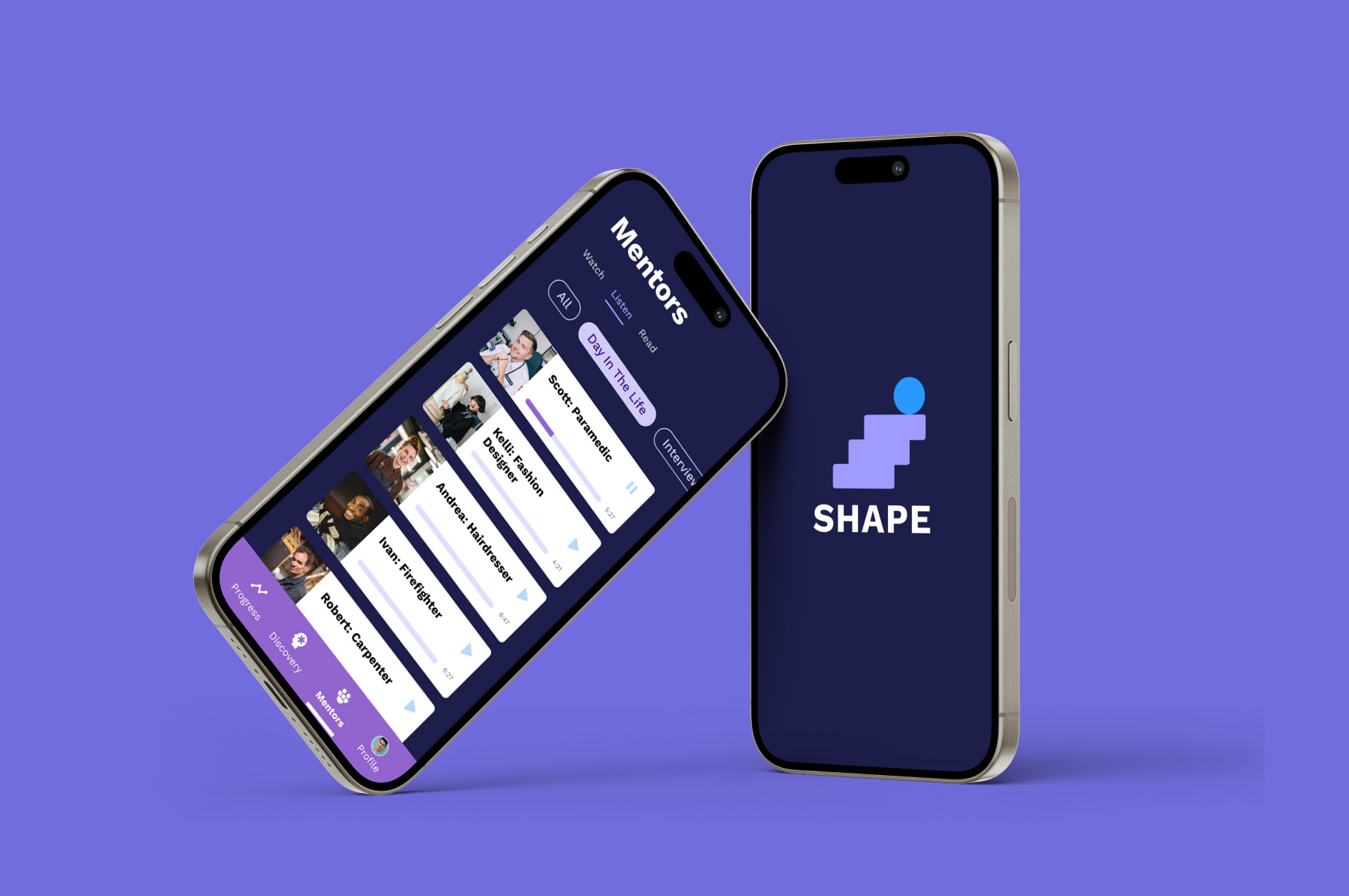 Two phones dispiaying the mentors screen and the launch screen of Shape, a career discovery app