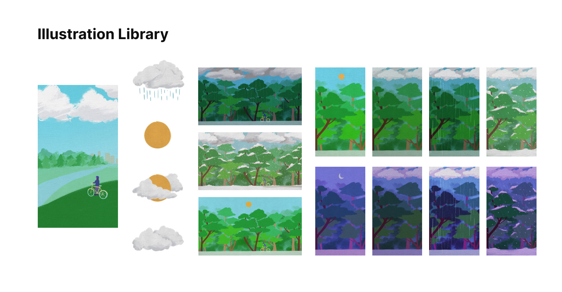 All the illustrations for the app. A forest in different weather conditions, a girl on a bike looking into the distance, etc.