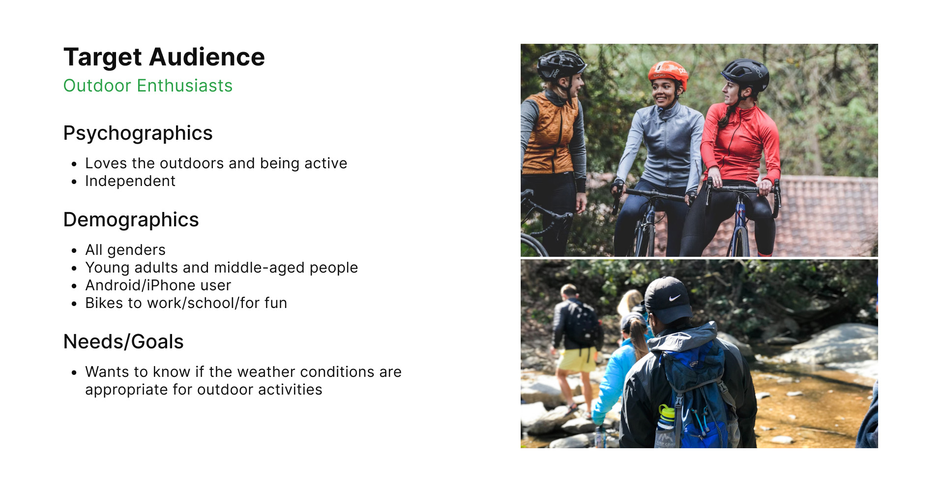 People biking or hiking on the right. Text on the left is information about outdoor enthusiasts