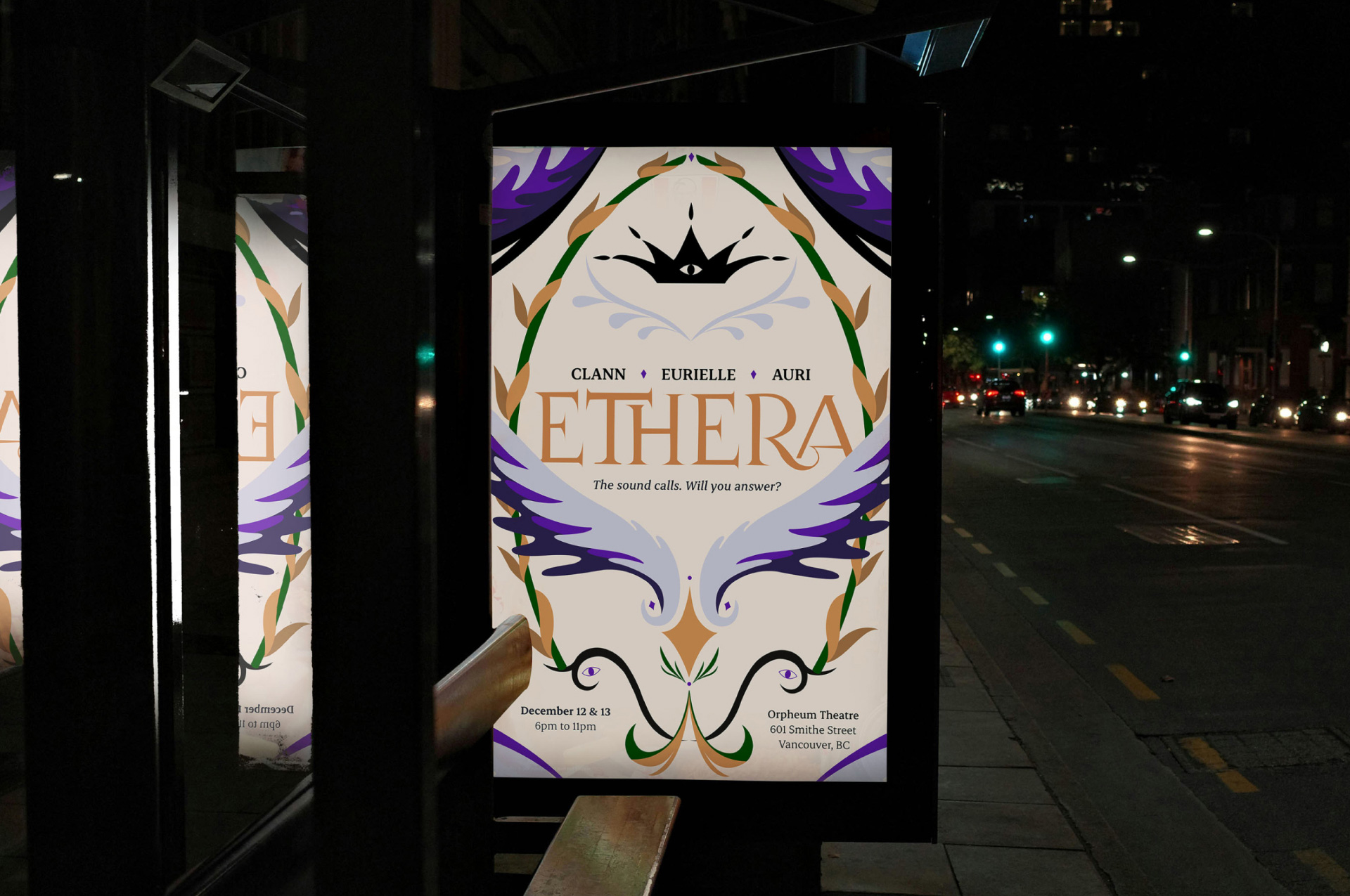 A transit shelter at night showing Ethera's music festival poster mocked up