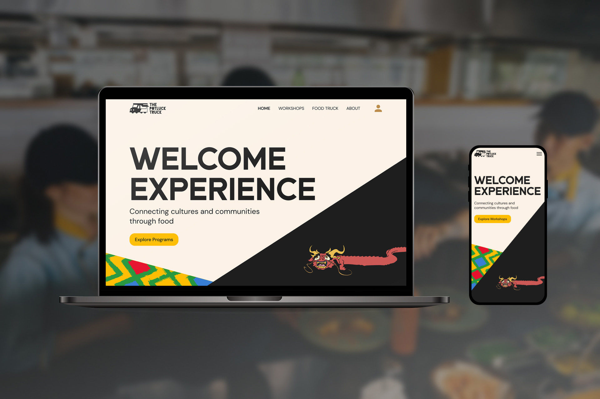 A laptop and a phone screen side by side showing the website Home page for The Potluck Truck